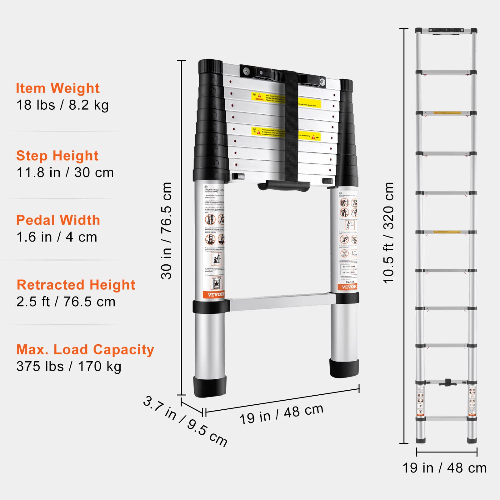 Foto 7 | Escalera Telescópica Vevor De Aluminio De 10.5 Pies Con Capacidad Para 170 Kg - Venta Internacional.