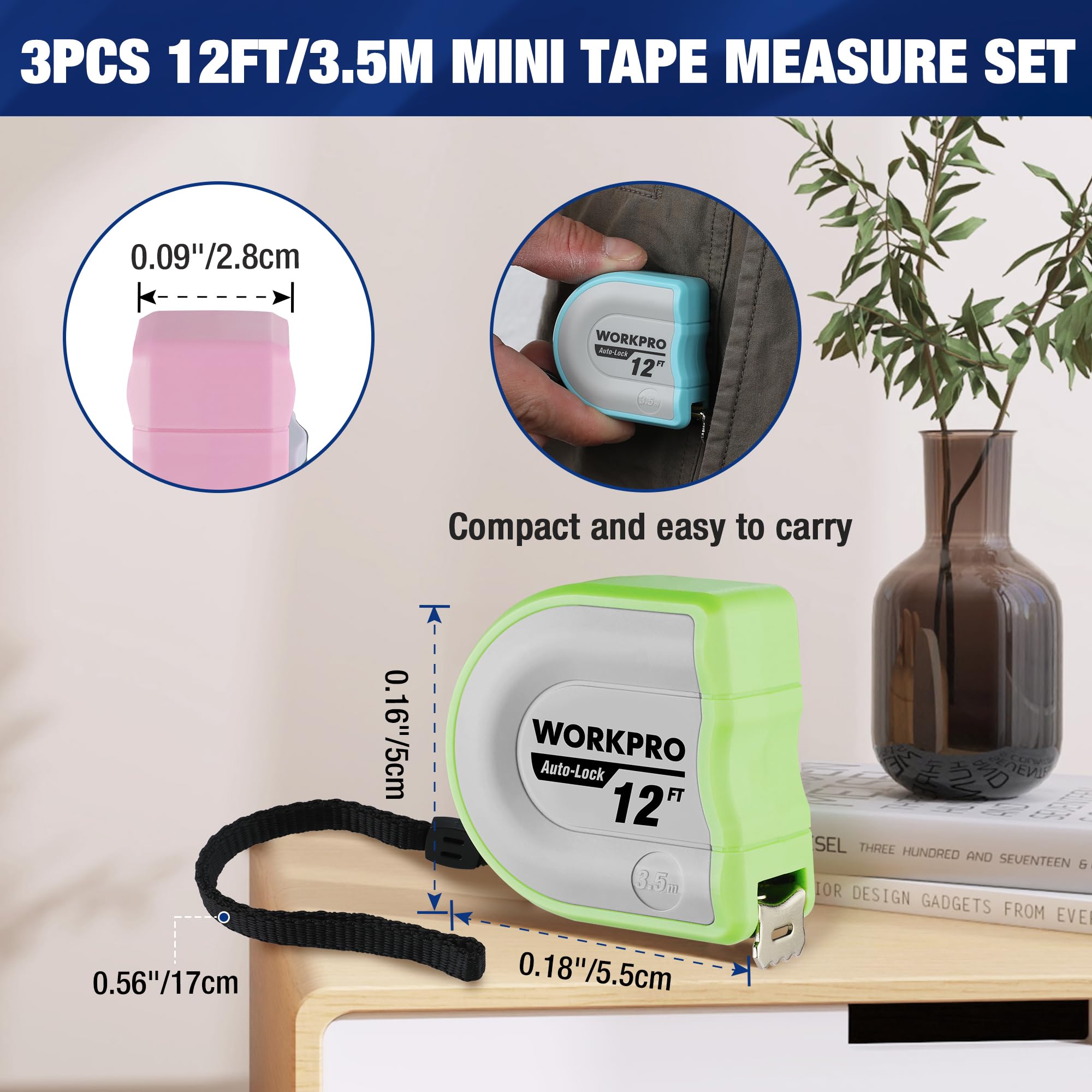 Foto 3 pulgar | Cinta Métrica Workpro Mini De 3,5 M/12 Pies Con Cierre Automático, Bolsillo Para Ingenieros - Venta Internacional.