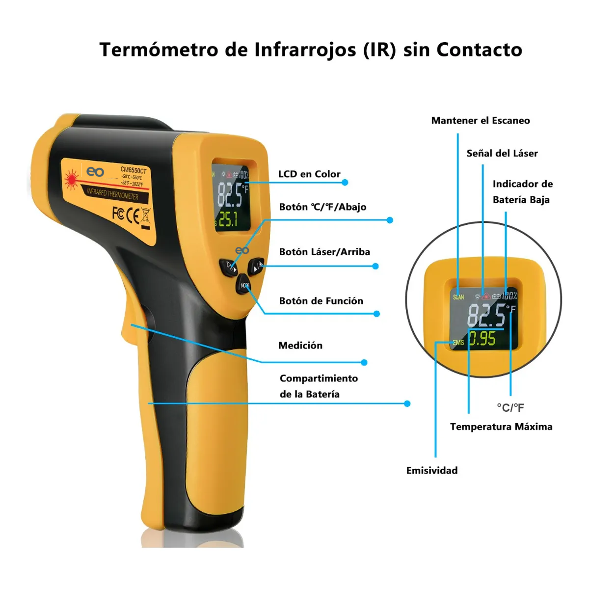 Foto 2 | Termómetro Infrarrojo Láser Digital Industrial Sin Contacto Eo Safe Imports Esi-19417 Amarillo