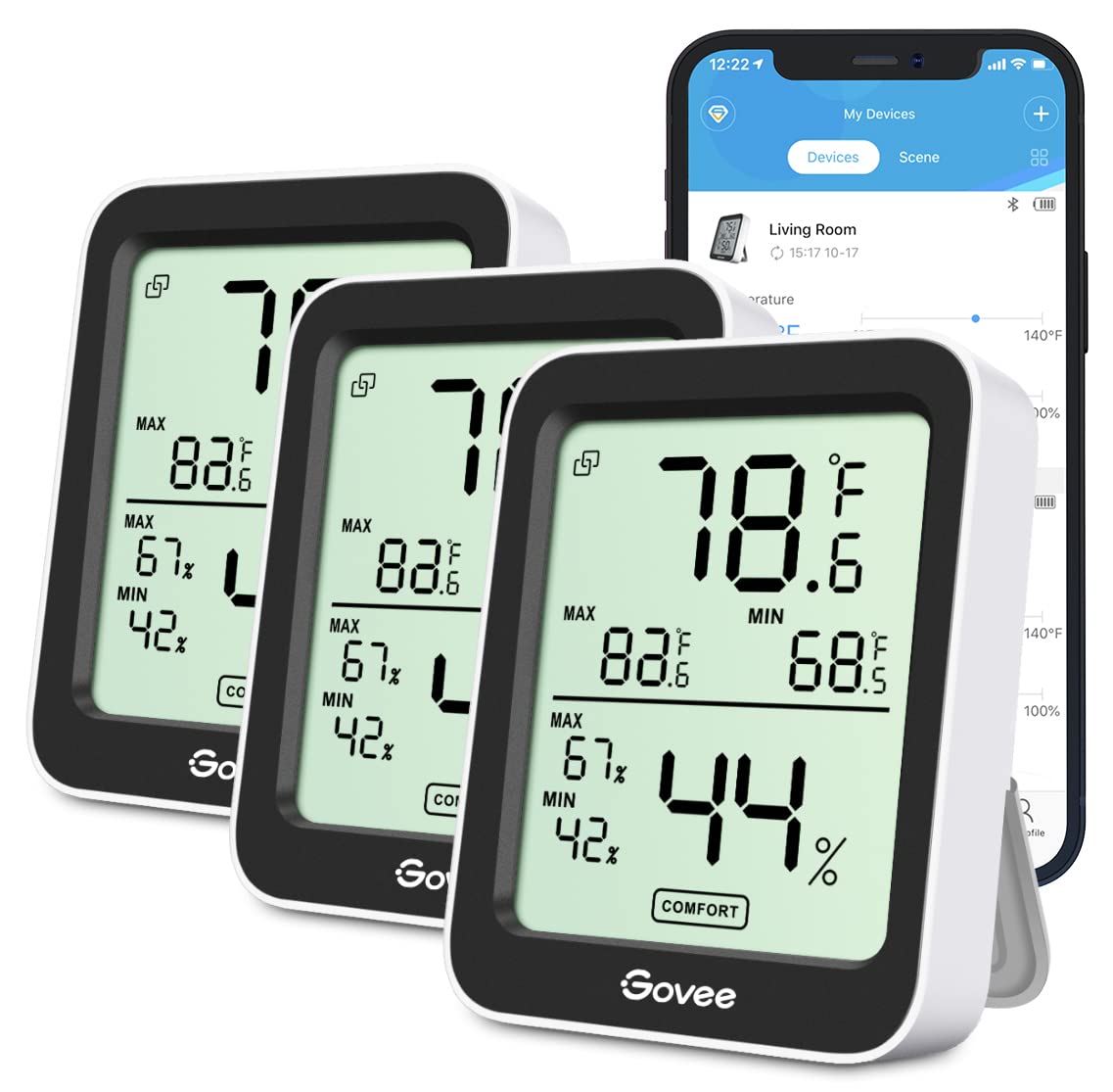 Higrómetro Termómetro Govee Indoor Bluetooth, Paquete De 3, Negro - Venta Internacional.