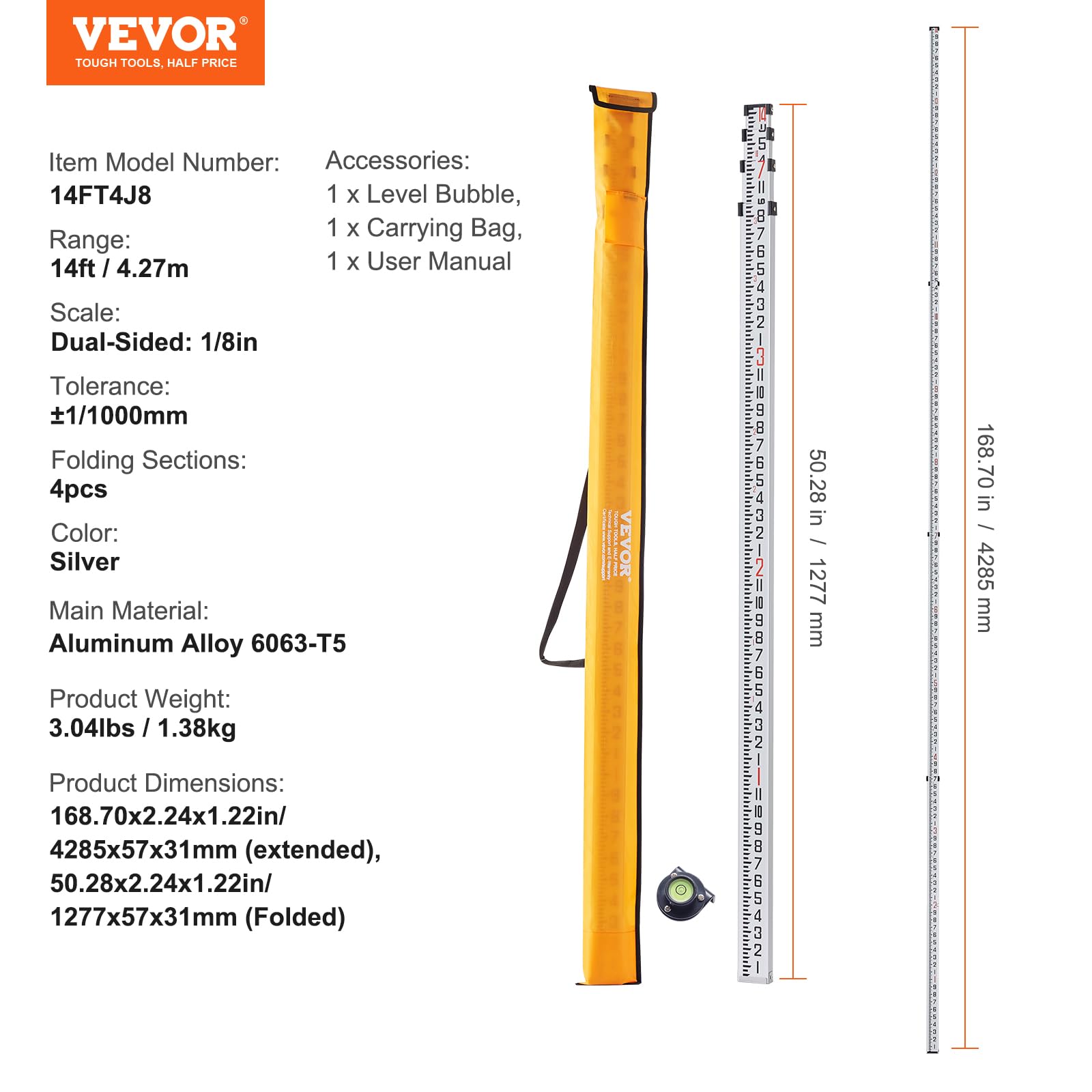 Foto 8 pulgar | Barra De Medición Telescópica Vevor De Aluminio De 4,27 Mm Con Nivel De Burbuja - Venta Internacional.