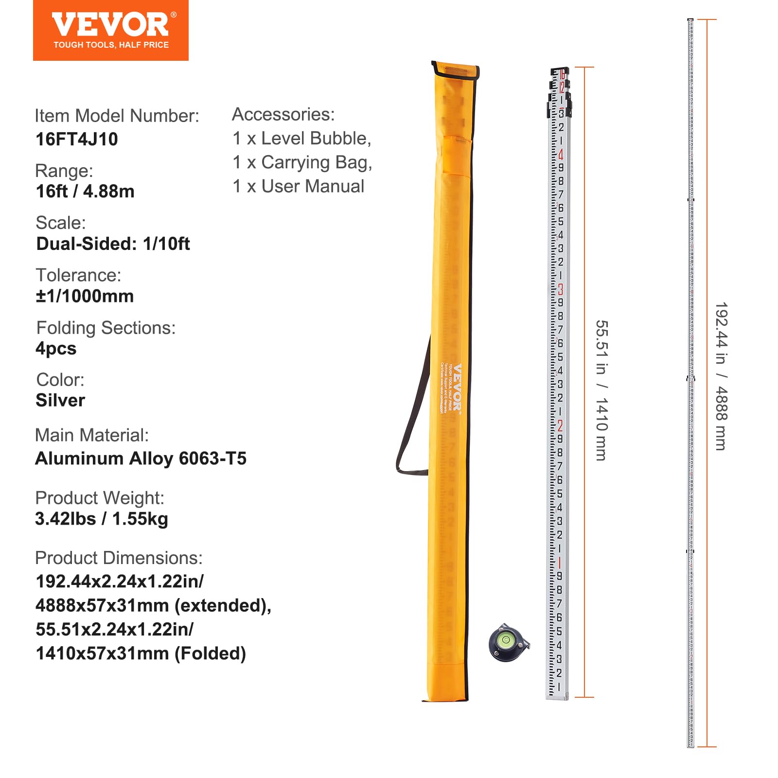 Foto 8 pulgar | Varilla De Medición Telescópica Vevor De Aluminio De Grado 4,88 M/16 Pies - Venta Internacional.