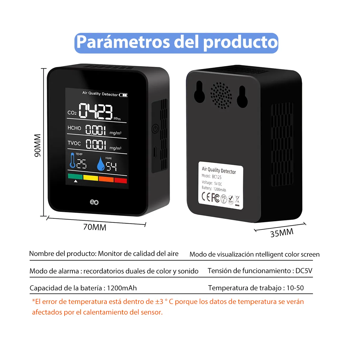 Foto 3 pulgar | 5 En1 Monitor Calidad Del Aire Portátil Detector Co2 Interior Eo Safe Imports Esi-19418 Negro