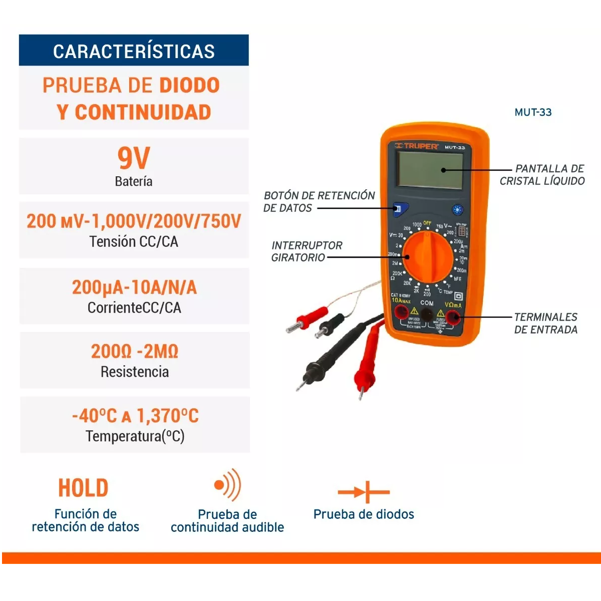 Foto 3 pulgar | Multímetro Digital Profesional 500 Eo Safe Imports Esi-5188 Naranja