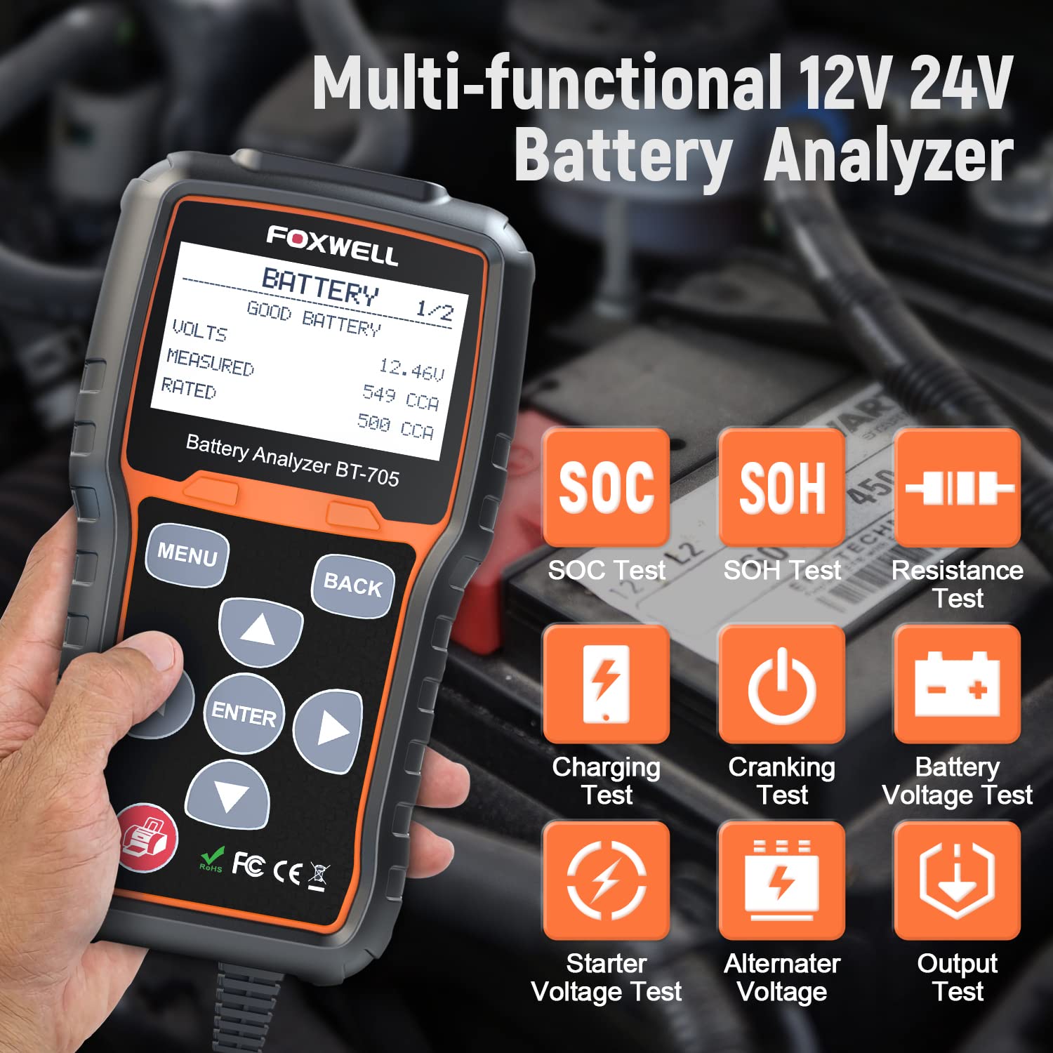 Foto 3 pulgar | Probador De Baterías De Coche Foxwell Bt705, 12 V, 24 V, 100-2000 Cca, Carga - Venta Internacional.