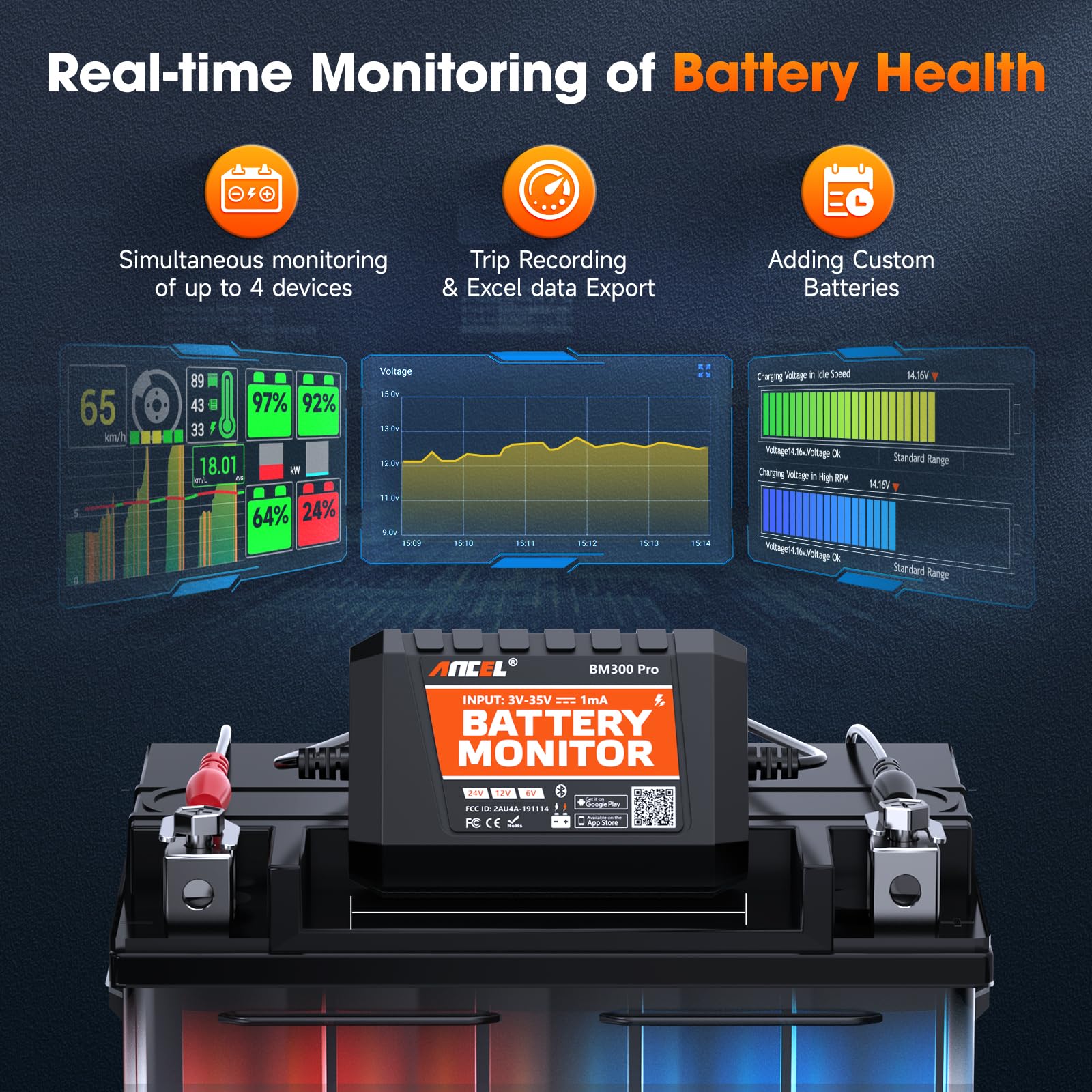 Foto 8 pulgar | Monitor De Batería Ancel Bm300 Pro Bluetooth 5.3 Ip67 Resistente Al Agua - Venta Internacional.