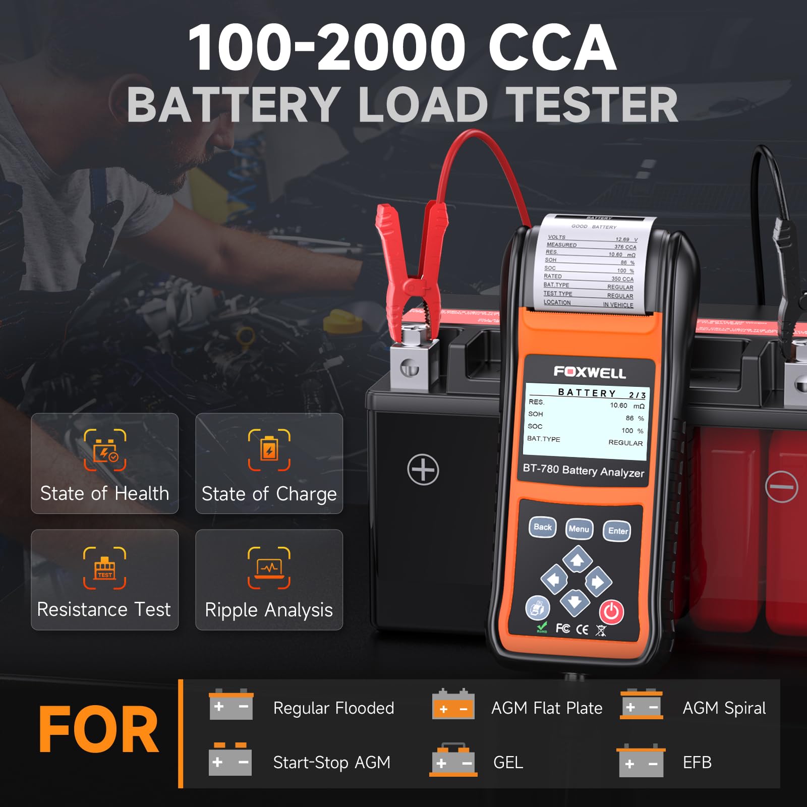 Foto 8 pulgar | Probador De Baterías De Coche Foxwell Bt780 12 V 24 V Con Impresora 100-2000 - Venta Internacional.