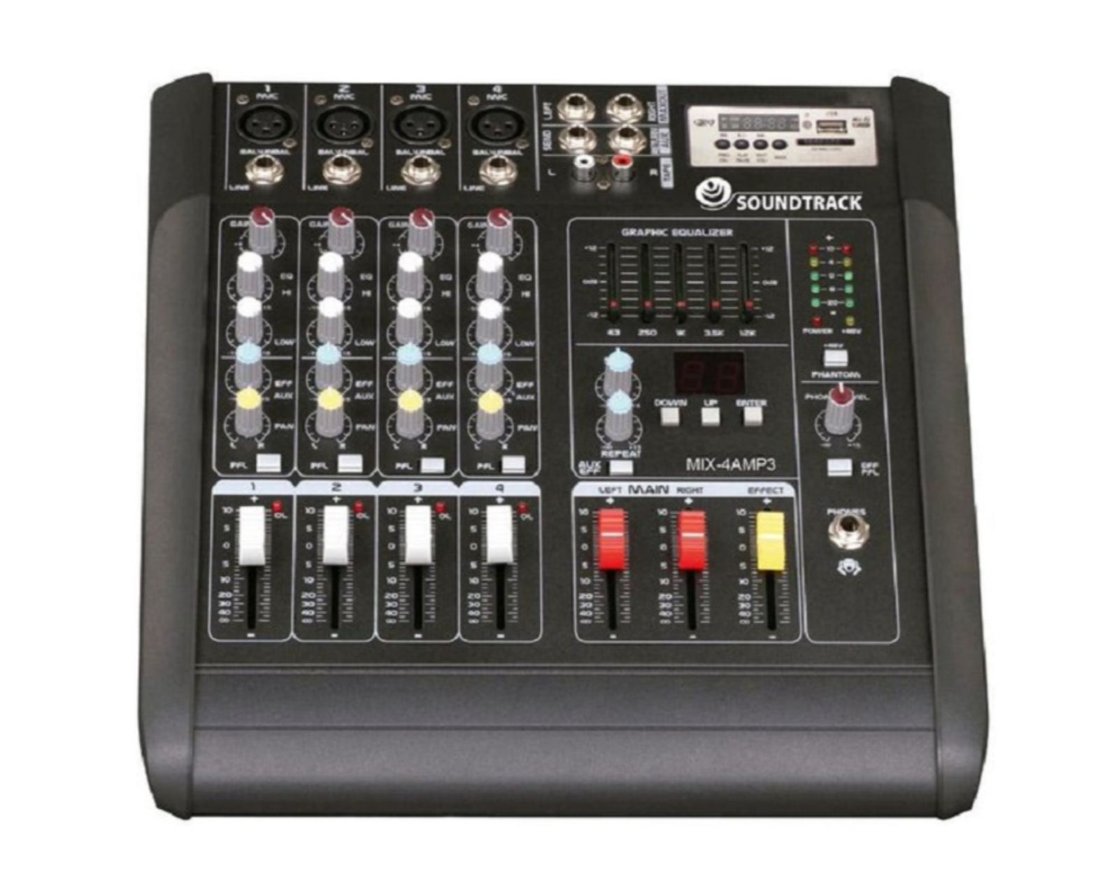 Mezcladora Amplificada Soundtrack Mix4amp3 color Gris de 4 Canales con Lector USB