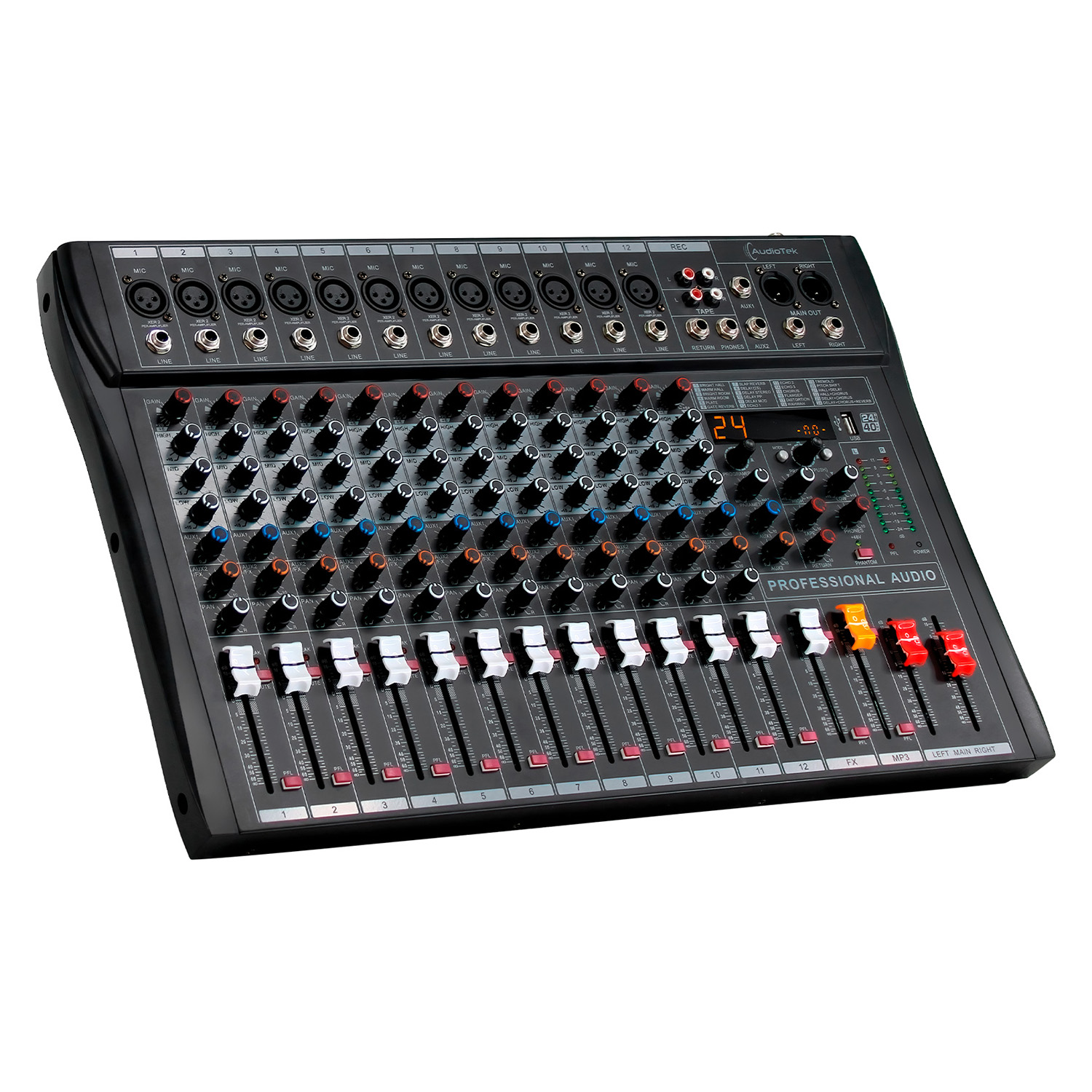 Consola Mezcladora Audio Dj Audiotek color Negro 12 Canales Bluetooth Usb Estudio Sonido