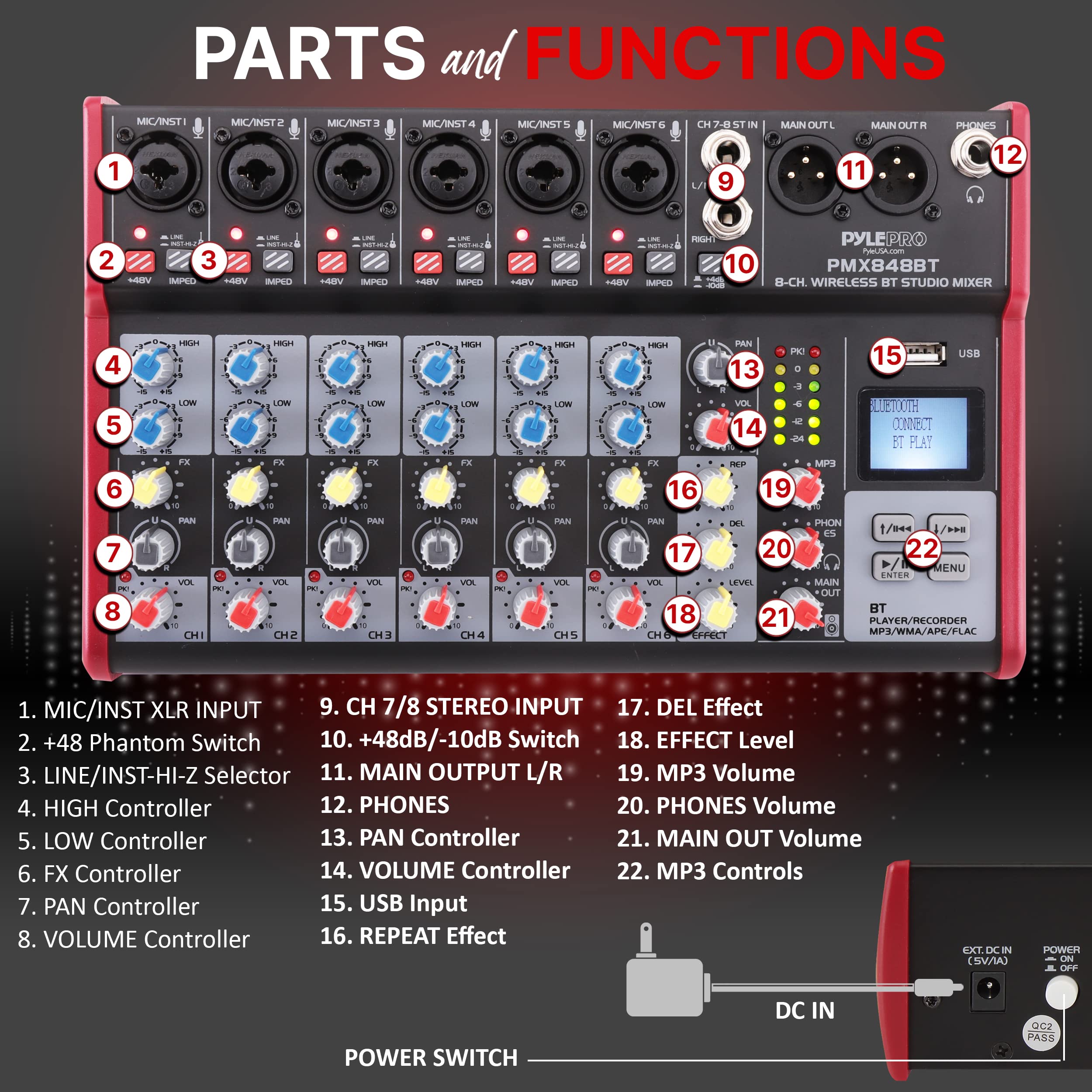 Foto 2 | Mezclador De Audio Inalámbrico Para Dj Pyle Pmx848bt Bluetooth De 8 Canales - Venta Internacional.