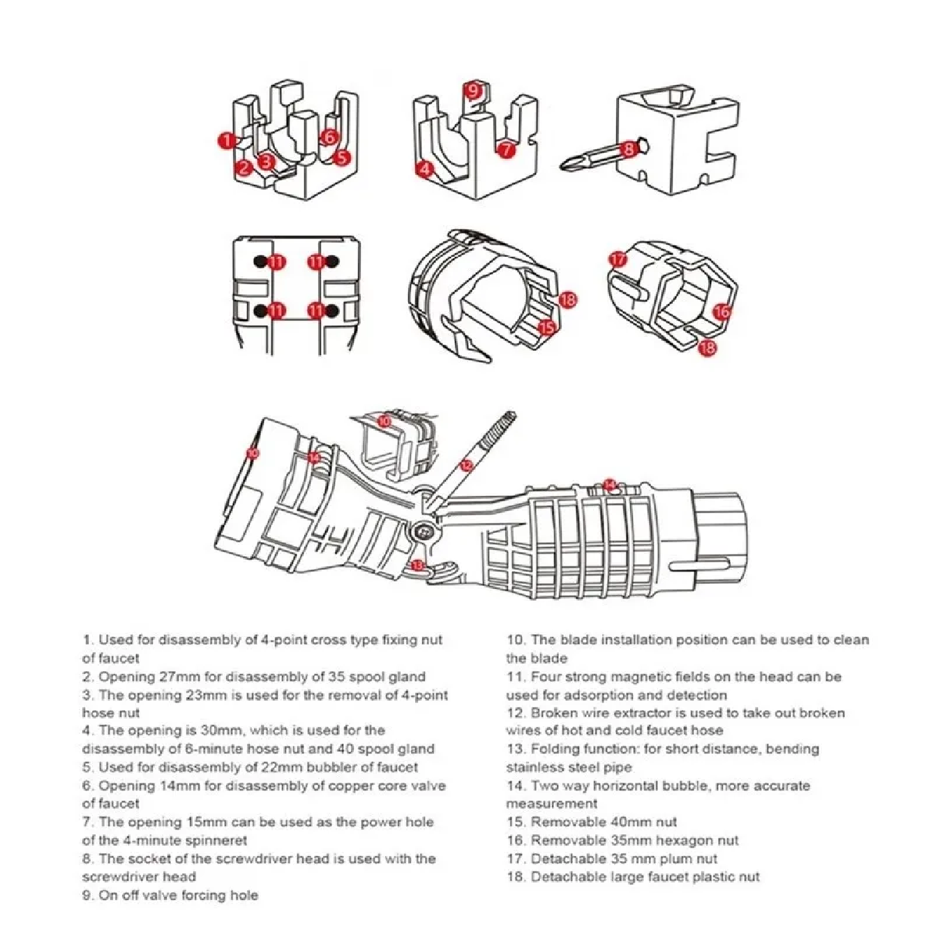 Foto 4 pulgar | Llave Multiuso Eo Safe Imports para Instalación de Fregadero 18 en 1 color Rojo