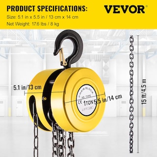 Foto 7 | Elevador Manual Con Cadena Vevor De 1 Tonelada/1000 Kg, Capacidad De Elevación De 4,5 M - Venta Internacional.