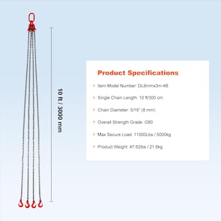 Foto 7 | Eslinga De Cadena Vevor De 5/16 Pulgadas X 10 Pies Con Ganchos, 5 Toneladas, 11000 Libras - Venta Internacional.