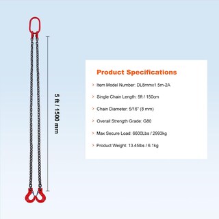 Foto 7 | Eslinga De Cadena Vevor De 5/16 Pulgadas X 5 Pies Con Ganchos De Capacidad De 3 Toneladas - Venta Internacional.