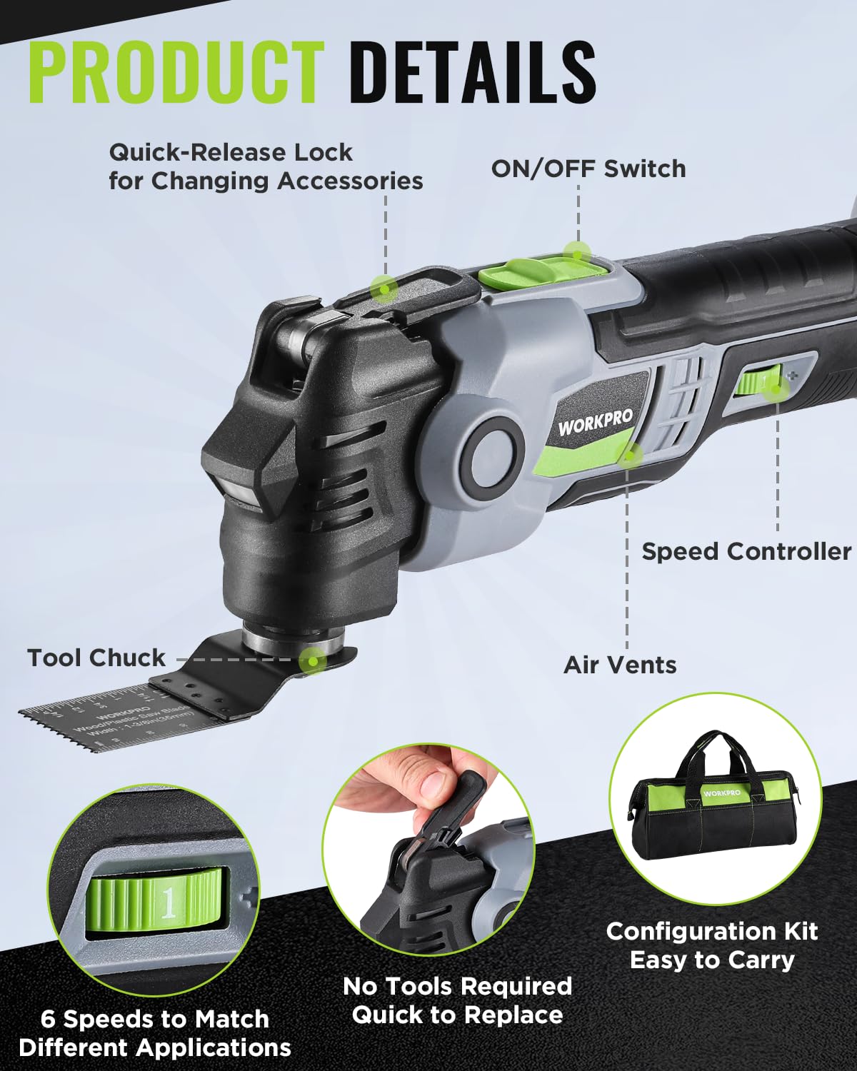 Foto 3 pulgar | Herramienta Oscilante Workpro 20 V Inalámbrica Sin Escobillas Con Accesorios - Venta Internacional.