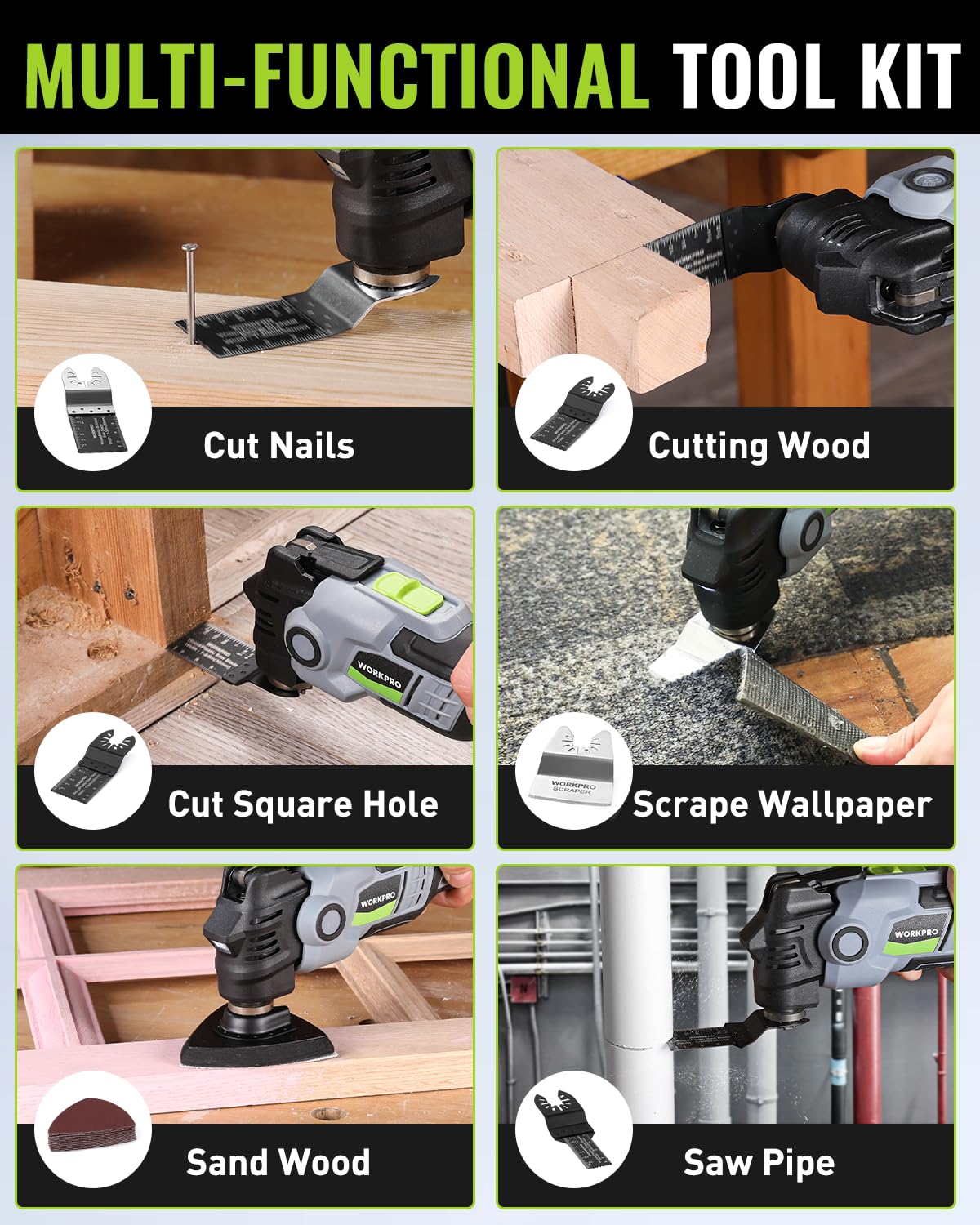 Foto 8 pulgar | Herramienta Oscilante Workpro 20 V Inalámbrica Sin Escobillas Con Accesorios - Venta Internacional.
