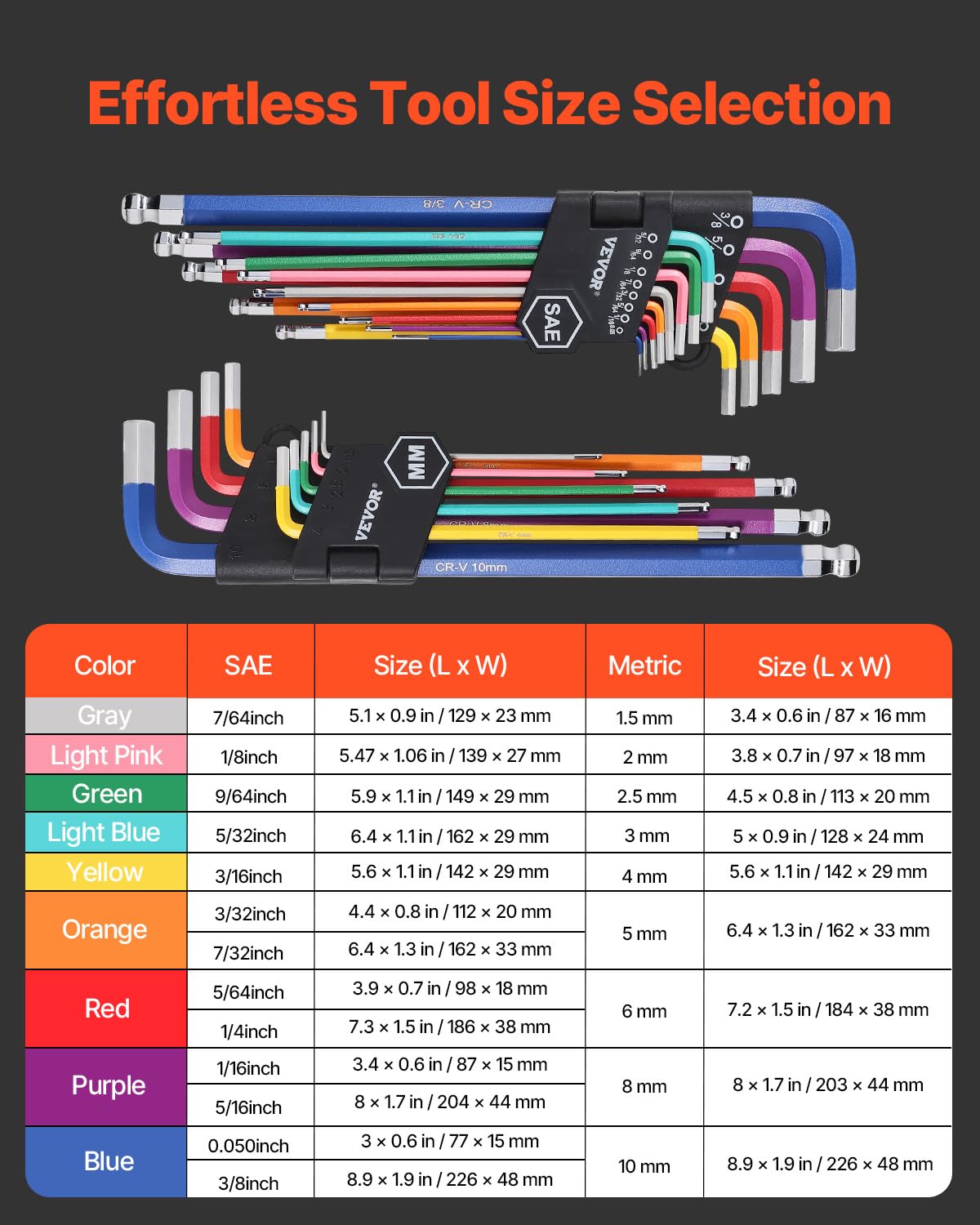 Foto 2 | Juego De Llaves Allen Con Llave Hexagonal Vevor 22 Piezas Sae (1,5-10 Mm) Métricas - Venta Internacional.