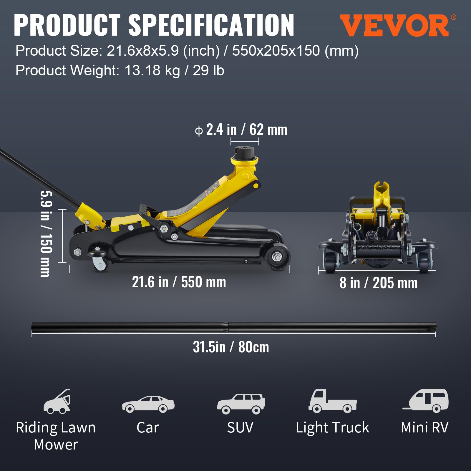 Foto 8 pulgar | Floor Jack Vevor De Acero Pesado De Perfil Bajo De 2,5 Toneladas - Venta Internacional.