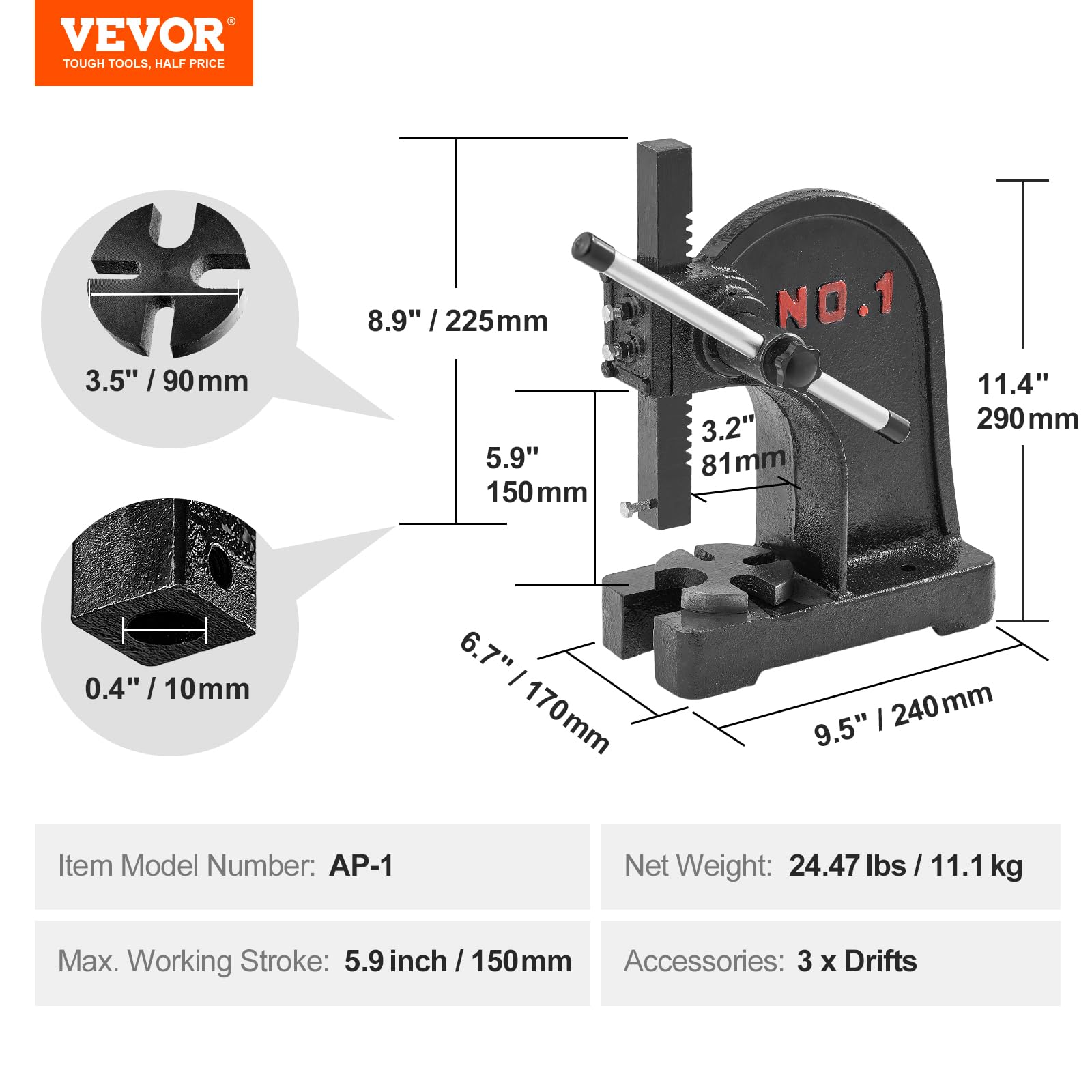 Foto 7 | Escritorio Manual Arbor Press Vevor De Hierro Fundido De 1 Tonelada Para Uso Pesado - Venta Internacional.