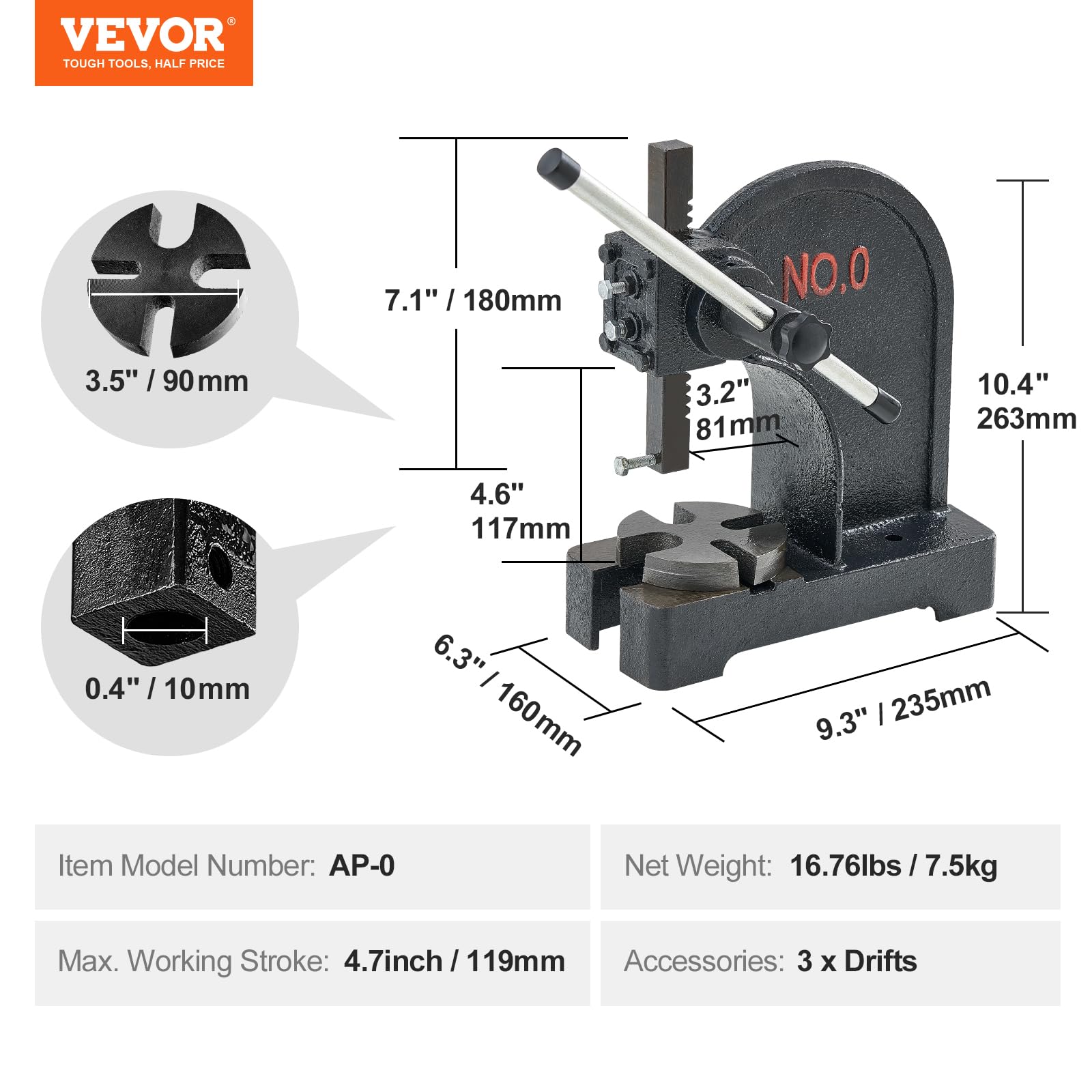 Foto 7 | Arbor Press Vevor, De Hierro Fundido Manual De 0,5 Toneladas, De Alta Resistencia - Venta Internacional.