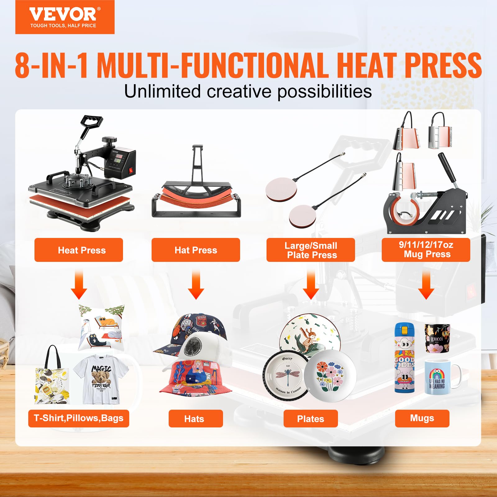 Foto 3 pulgar | Máquina De Prensado En Caliente Vevor 8 En 1, Combinación De 12 X 15 Para Camiseta - Venta Internacional.