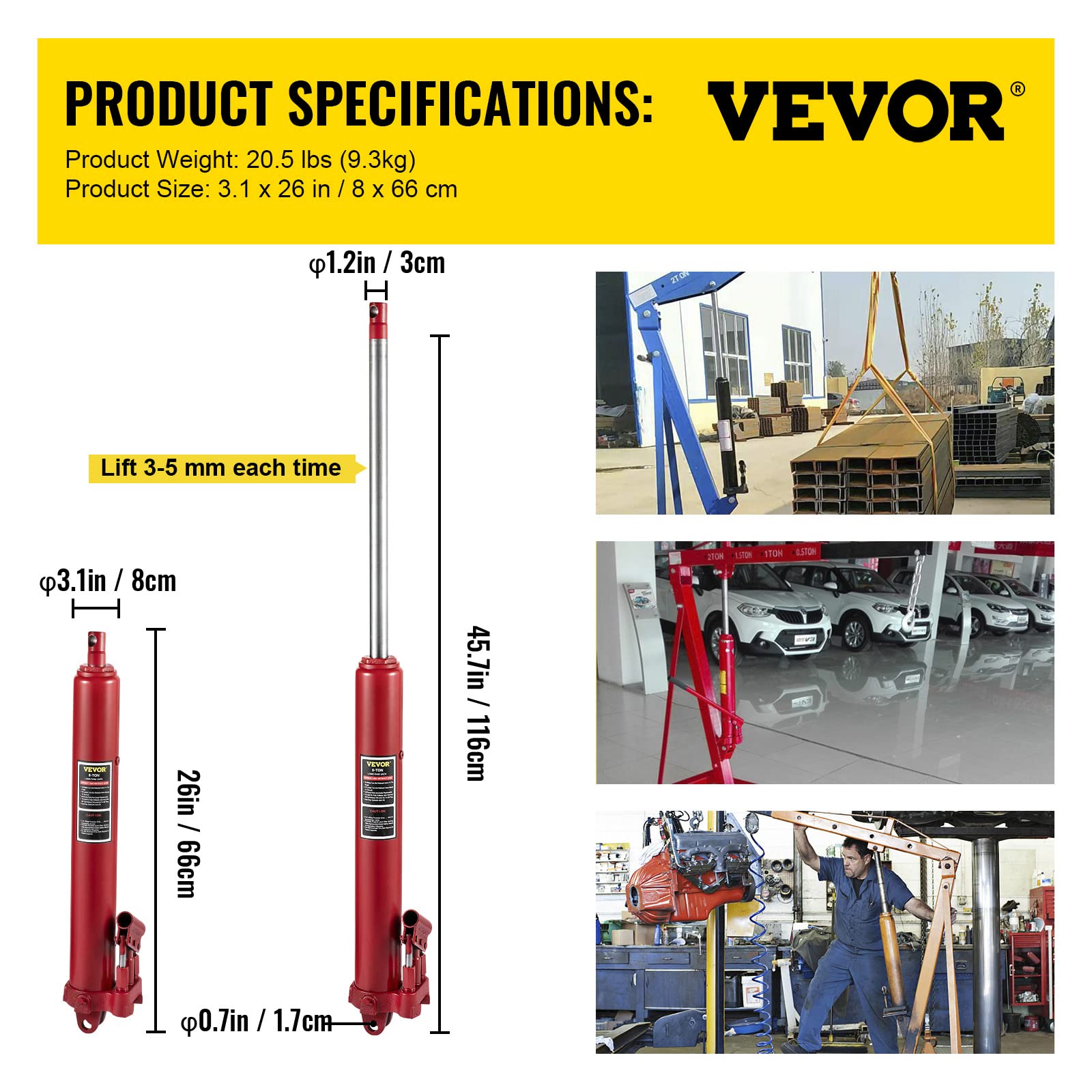 Foto 7 | Jack Vevor Hidráulico De Ariete Largo 8t/8000 Kg Con Bomba De Doble Pistón - Venta Internacional.