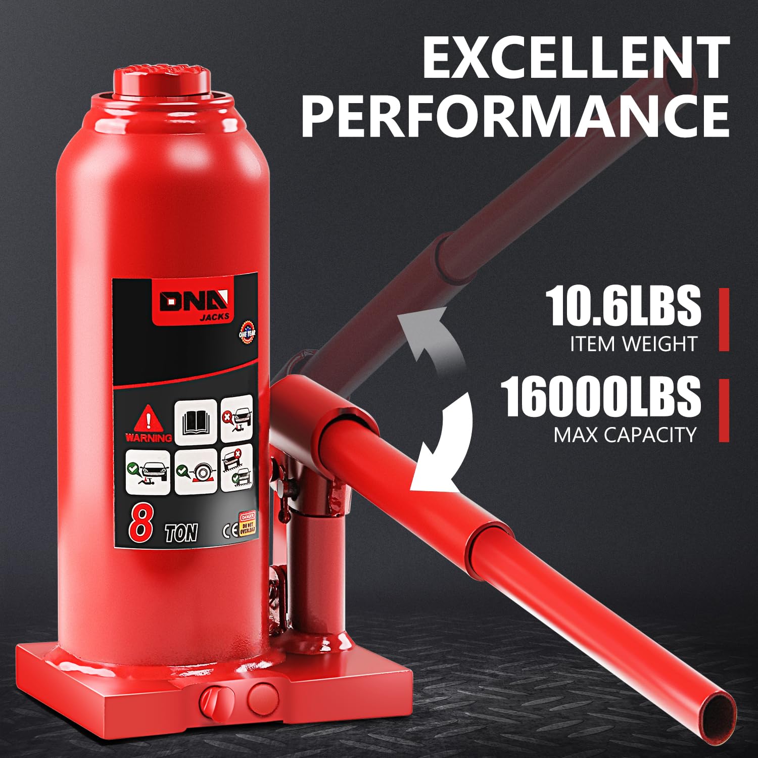 Foto 4 | Botella Hidráulica Jack Dna Motoring 8 Toneladas/8.000 Kg Roja - Venta Internacional.