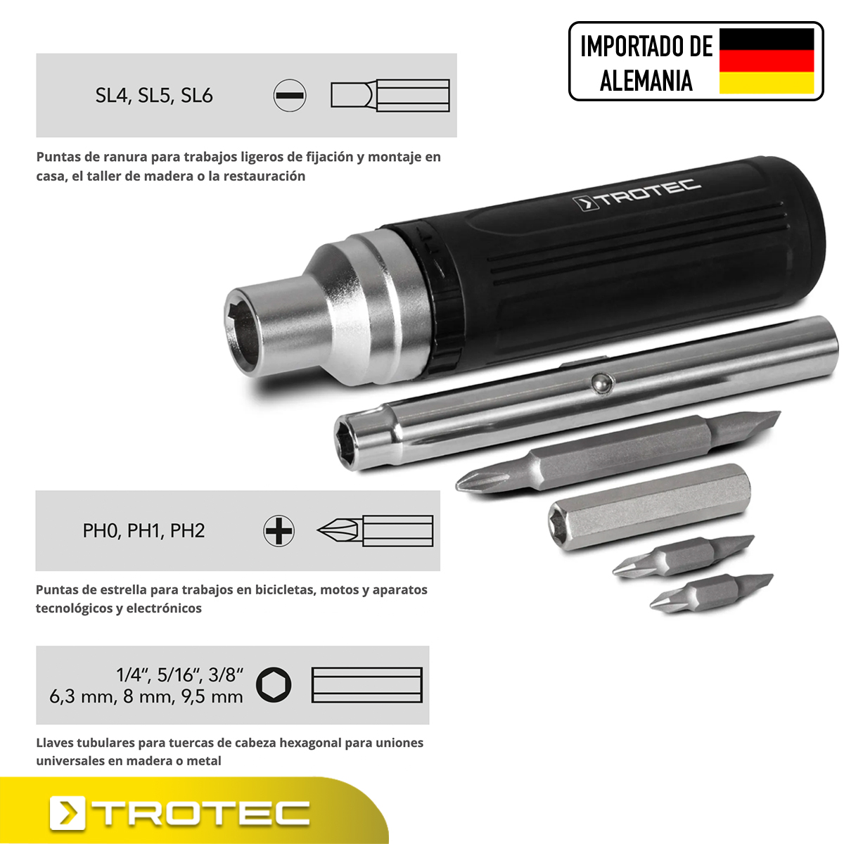 Foto 4 pulgar | Destornillador Multipuntas Intercambiables Trotec de Acero Inoxidable 9 en 1