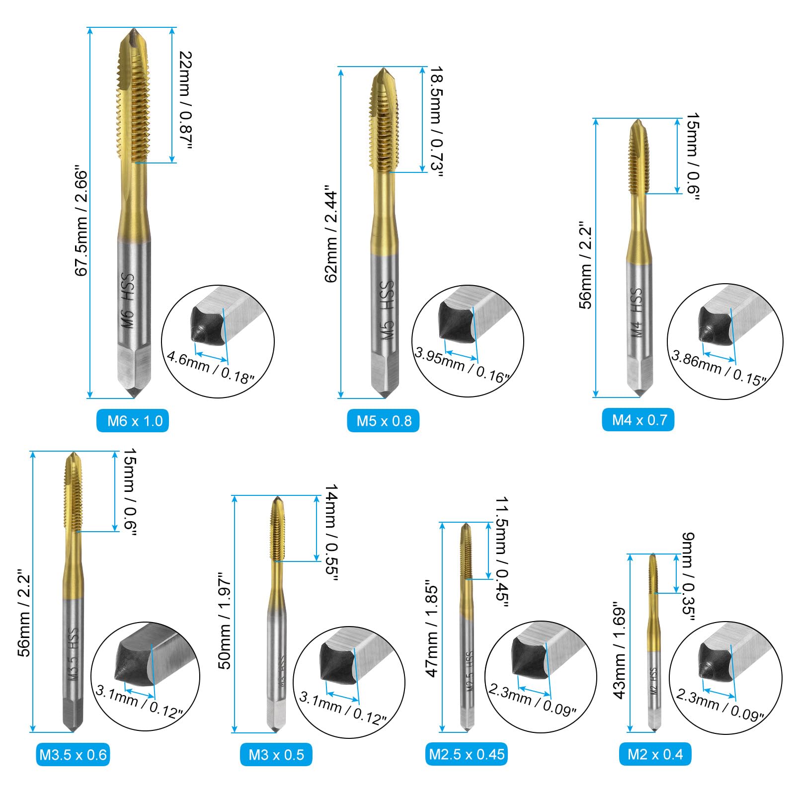 Foto 3 pulgar | Juego De Grifos Con Punta En Espiral Uxcell M2 M2.5 M3 M3.5 M4 M5 M6 Titanium - Venta Internacional.