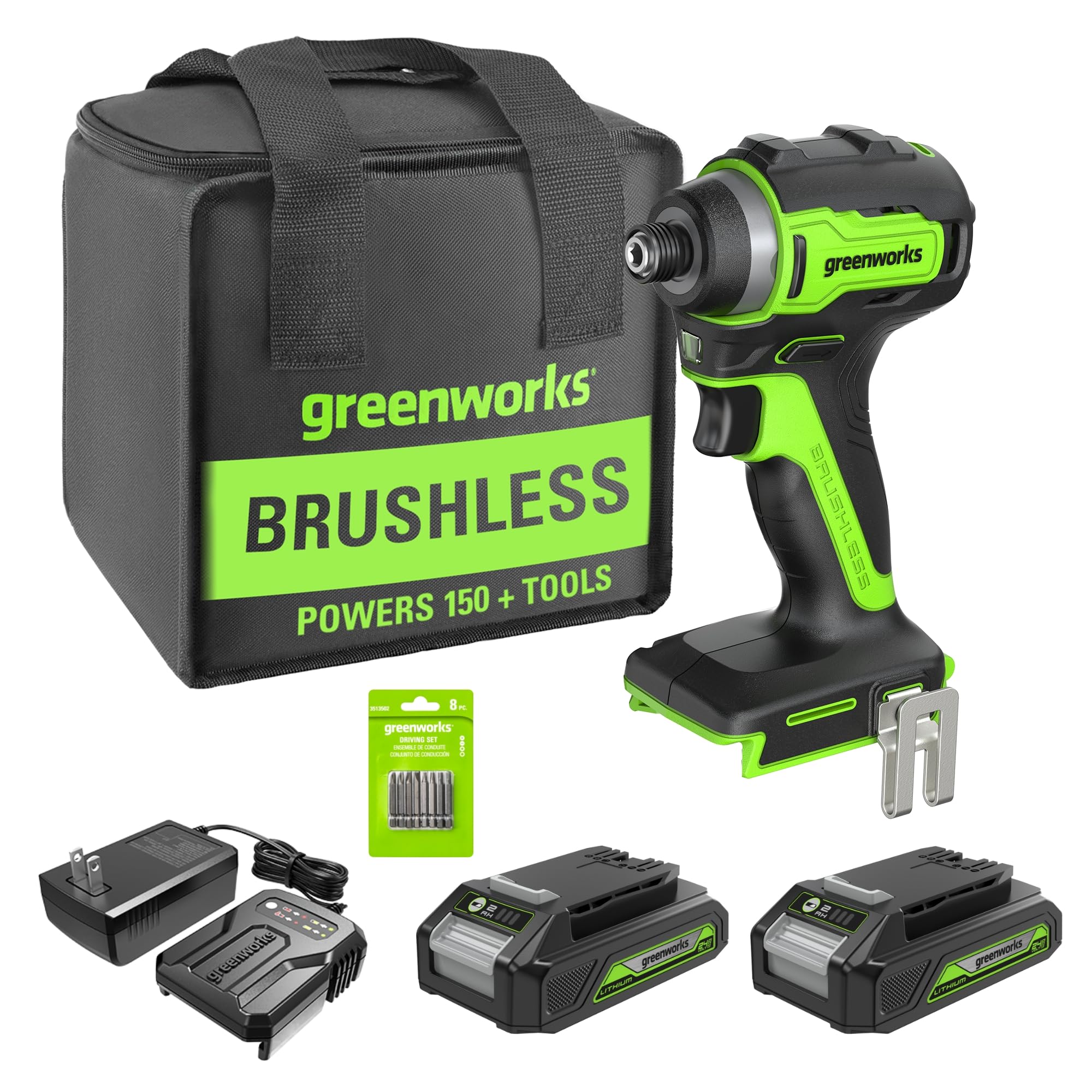 Greenworks 24v Brushless Cordless Impact Driver Kit, 1950 In./lbs Torque, 1/4'' Hex Collet, Variable Speed, 2×2ah Batte