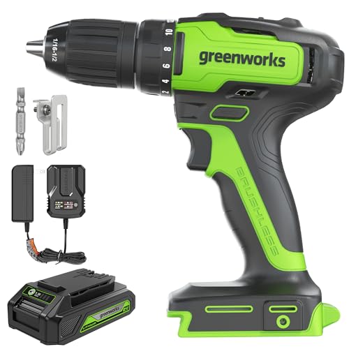 Greenworks - Kit De Taladro Inalámbrico Sin Escobillas De 24 V, 310 Pulgadas/libras, Embrague De 18+1 Posición, Portab