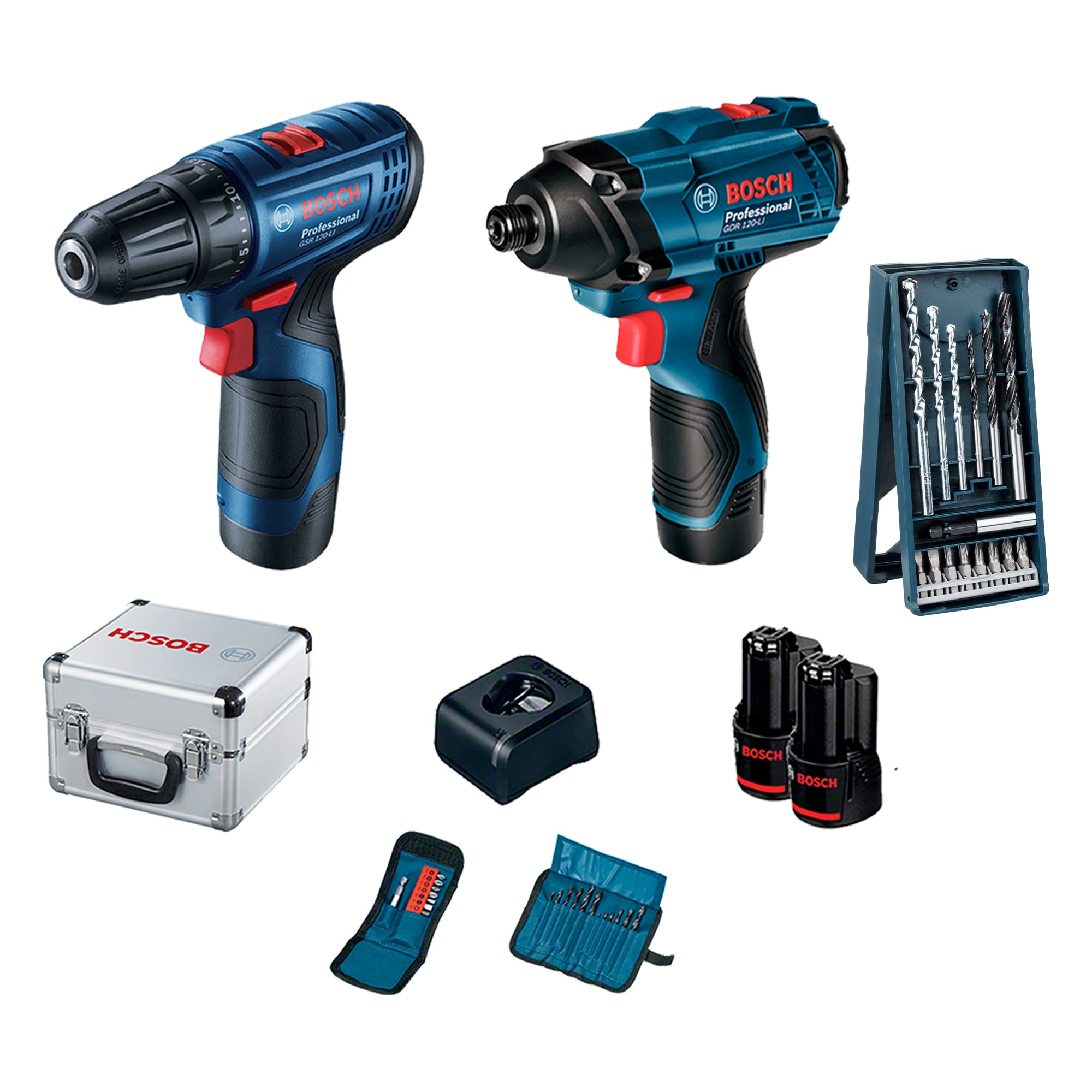 Bosch Kit Atornillador Gsr120 Y Llave De Impacto Gdr120 12v + Bosch Set Accesorios X-line De 34pz.