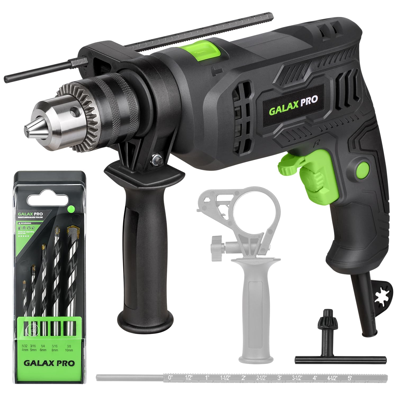 Galax Pro - Taladro De Martillo Con Cable De 4,5 Amperios, 0-3000 Rpm, 5 Piezas, Martillo Y Taladro, 2 Funciones En 1 Co