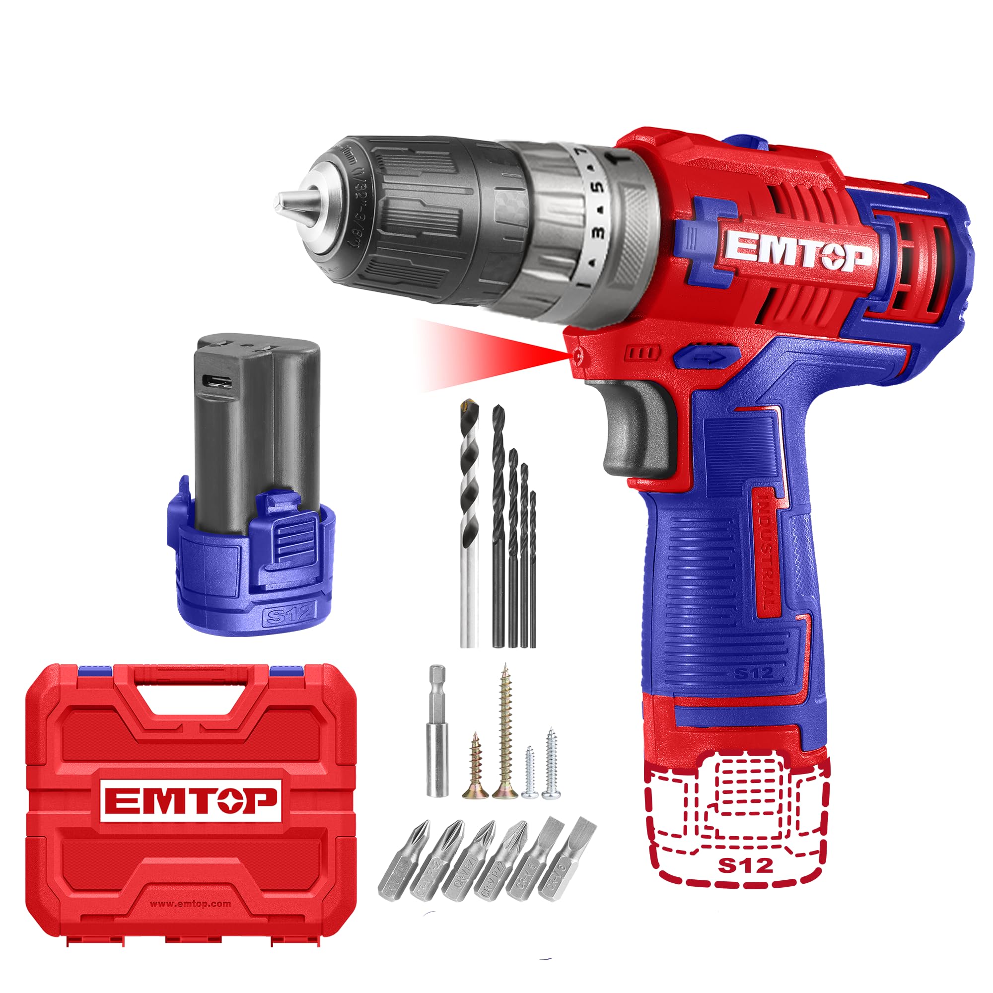 Foto 1 | Kit Taladro Atornillador De 45 Nm Inalámbrico De 12v Emtop