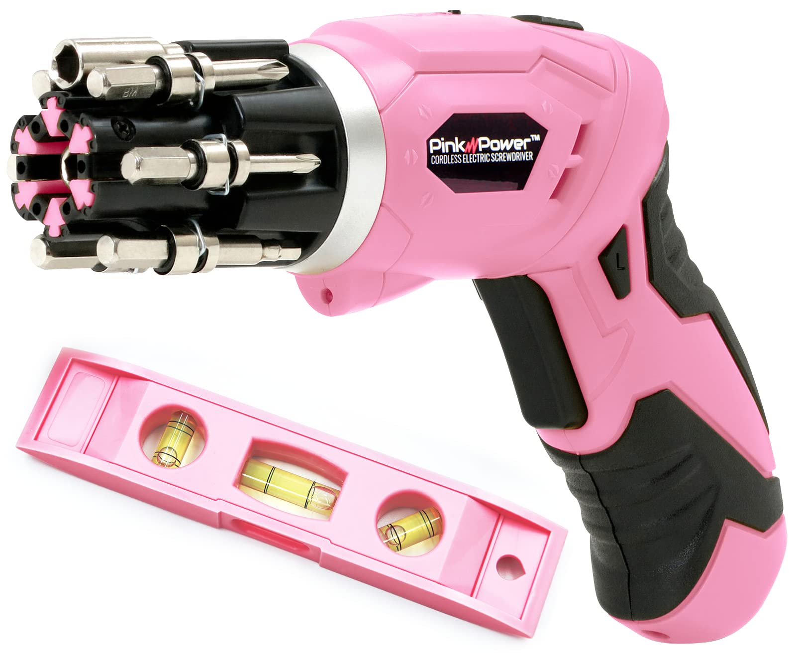 Juego De Destornilladores Elèctricos Inal·mbricos Recargables De 3,6 Voltios Pink Power Con Nivel De Burbuja