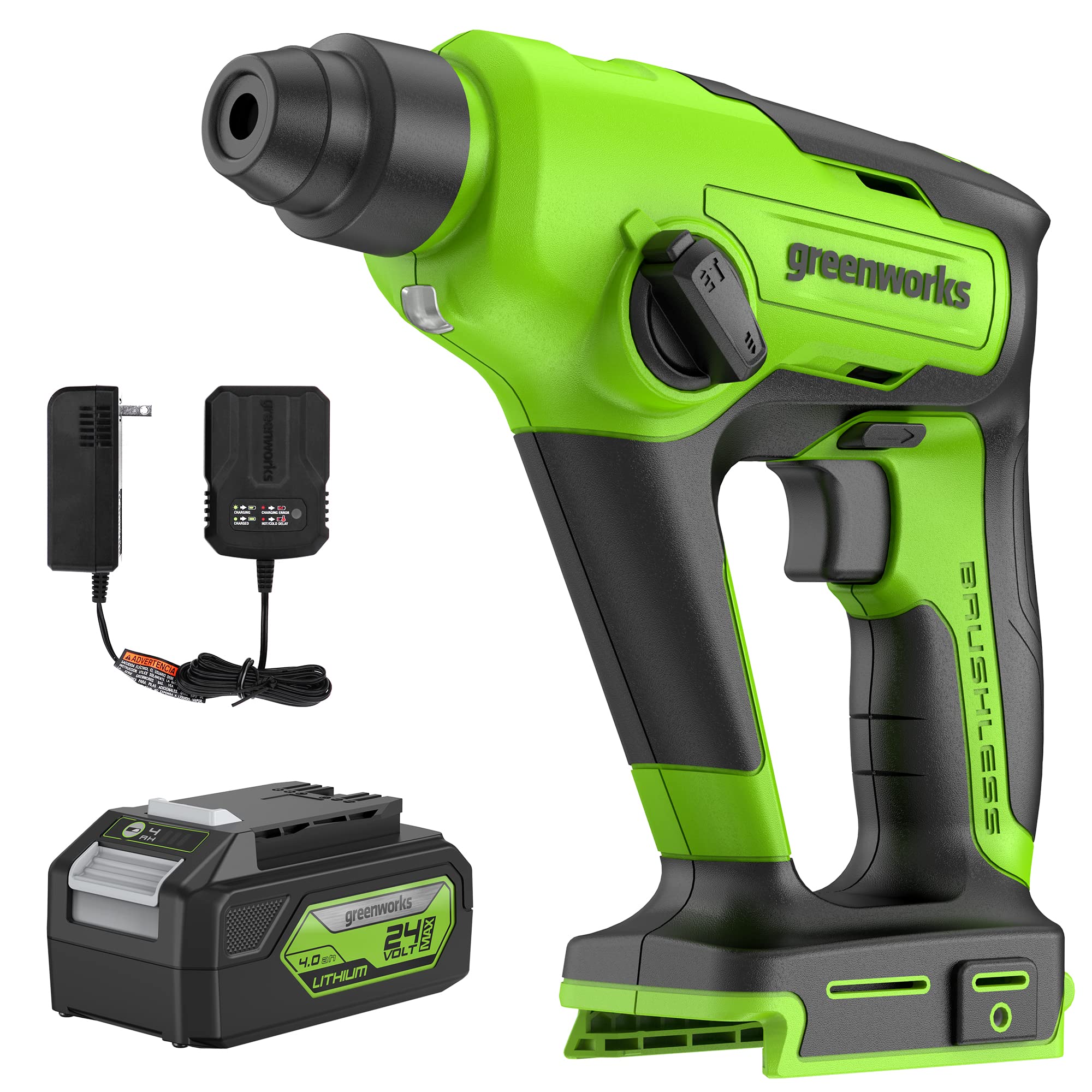 Greenworks - Martillo Giratorio Sds 1.2j Sin Escobillas De 24 V Con Batería Usb De 4 Ah Y Cargador Adaptador De 2 A (1