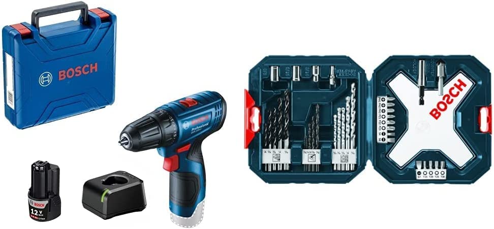 Bosch Taladro Atornillador Gsr 120-li, 12v 1 Batería Y Maletín + Bosch Set Accesorios X-line De 34pz.