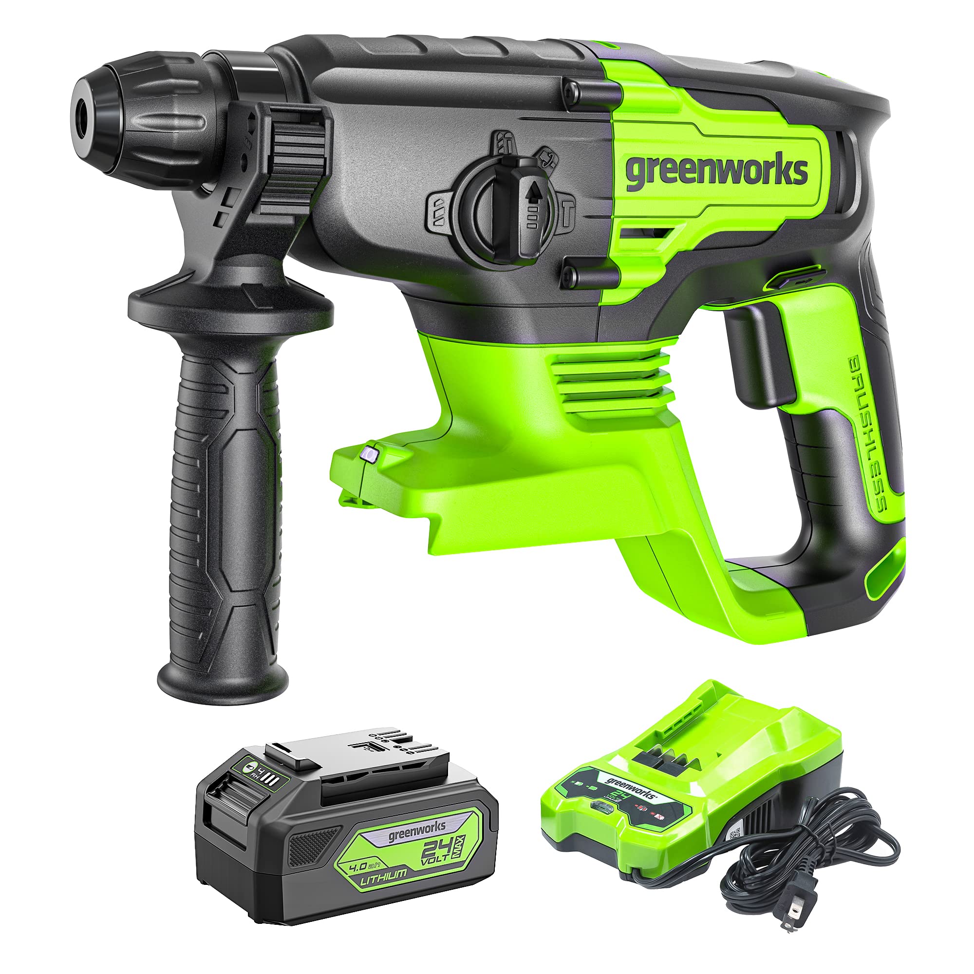 Greenworks - Martillo Giratorio Sds 2j Sin Escobillas De 24 V Con Cargador De Batería De 24 V Y Batería Usb De 4 Ah