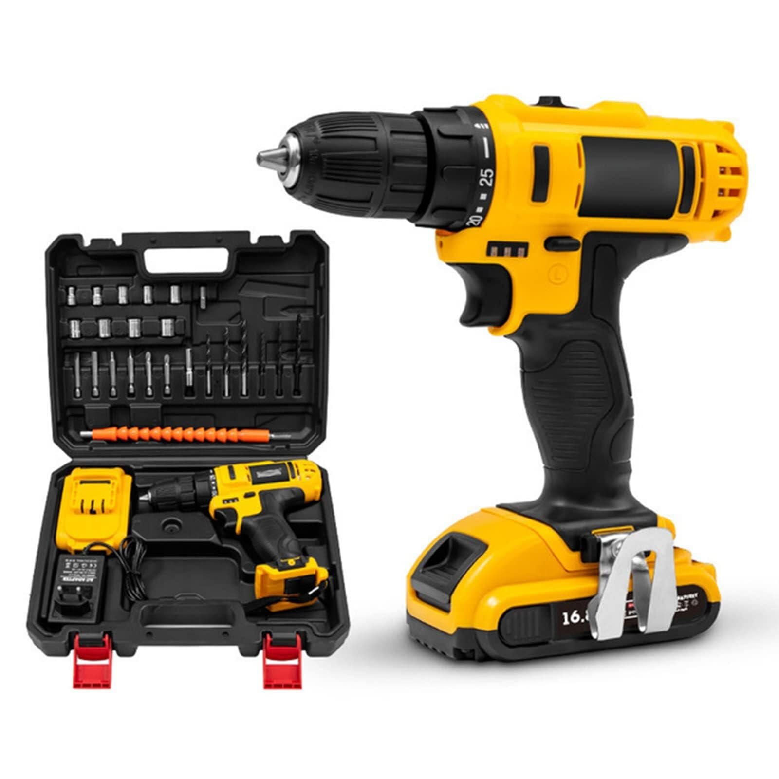 16.8v Cordless Drill Set Driver Kit 25+1 Clutch, 3/8'' Keyless Chuck, 2-speed Adjustment & Built-in Led Electric Drill