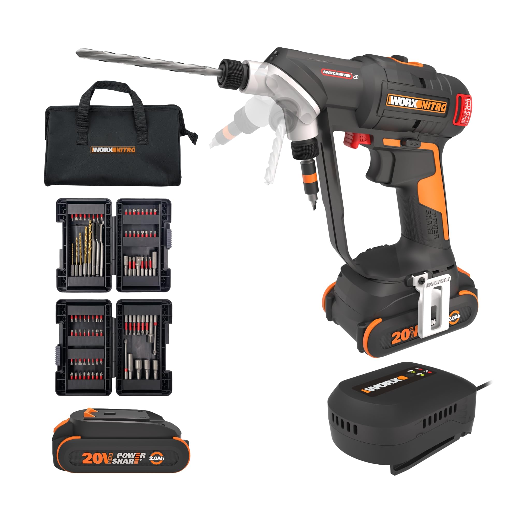 Worx Nitro Switchdriver 2.0 De 20 V Con Kit De Accesorios De 85 Piezas, Destornillador Inalámbrico Sin Escobillas 2 En