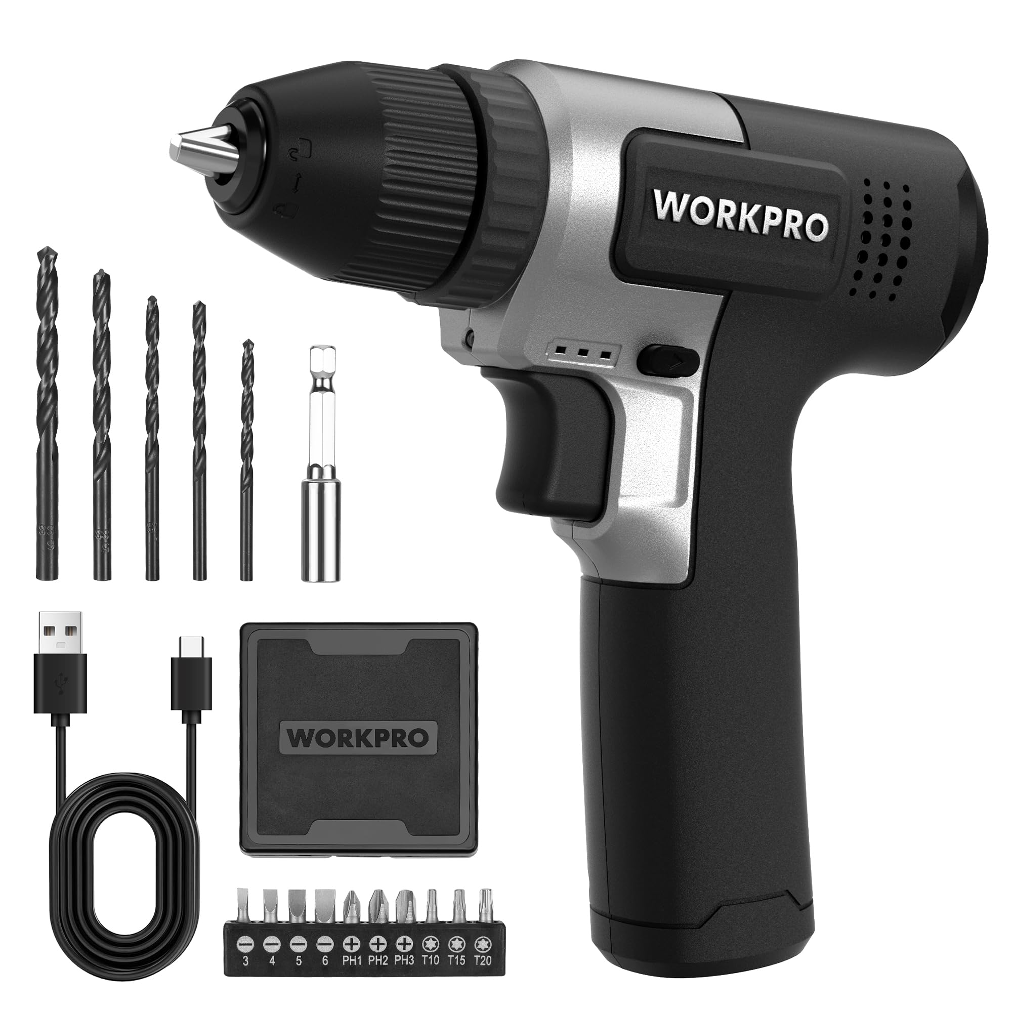 Workpro Juego De Brocas Inalámbricas De 8 V, Taladro Eléctrico De 2 Ah Con Portabrocas Sin Llave De 3/8 Pulgadas, 15 P