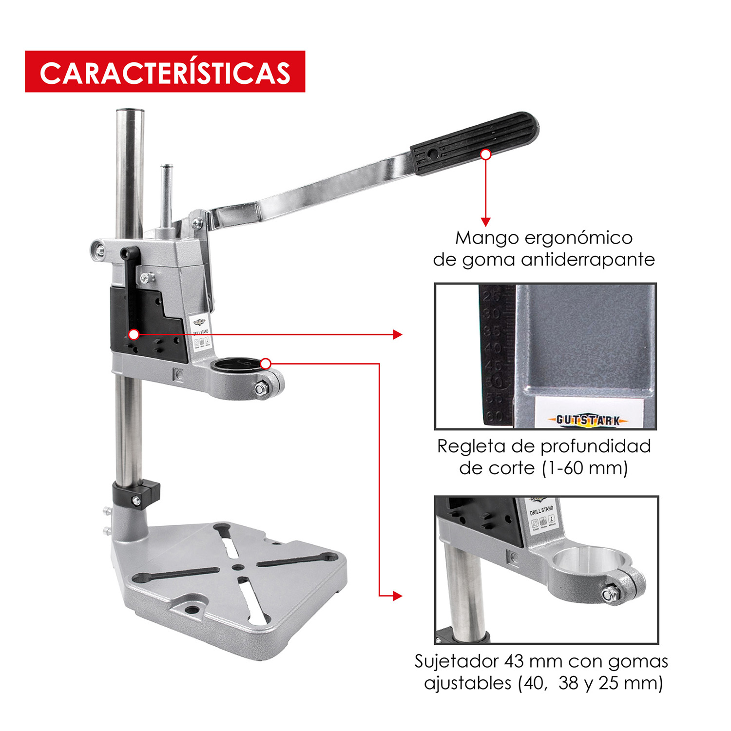 Foto 3 pulgar | Soporte para Taladro Vertical Base Hierro Regla 0 a 60mm Ajustable