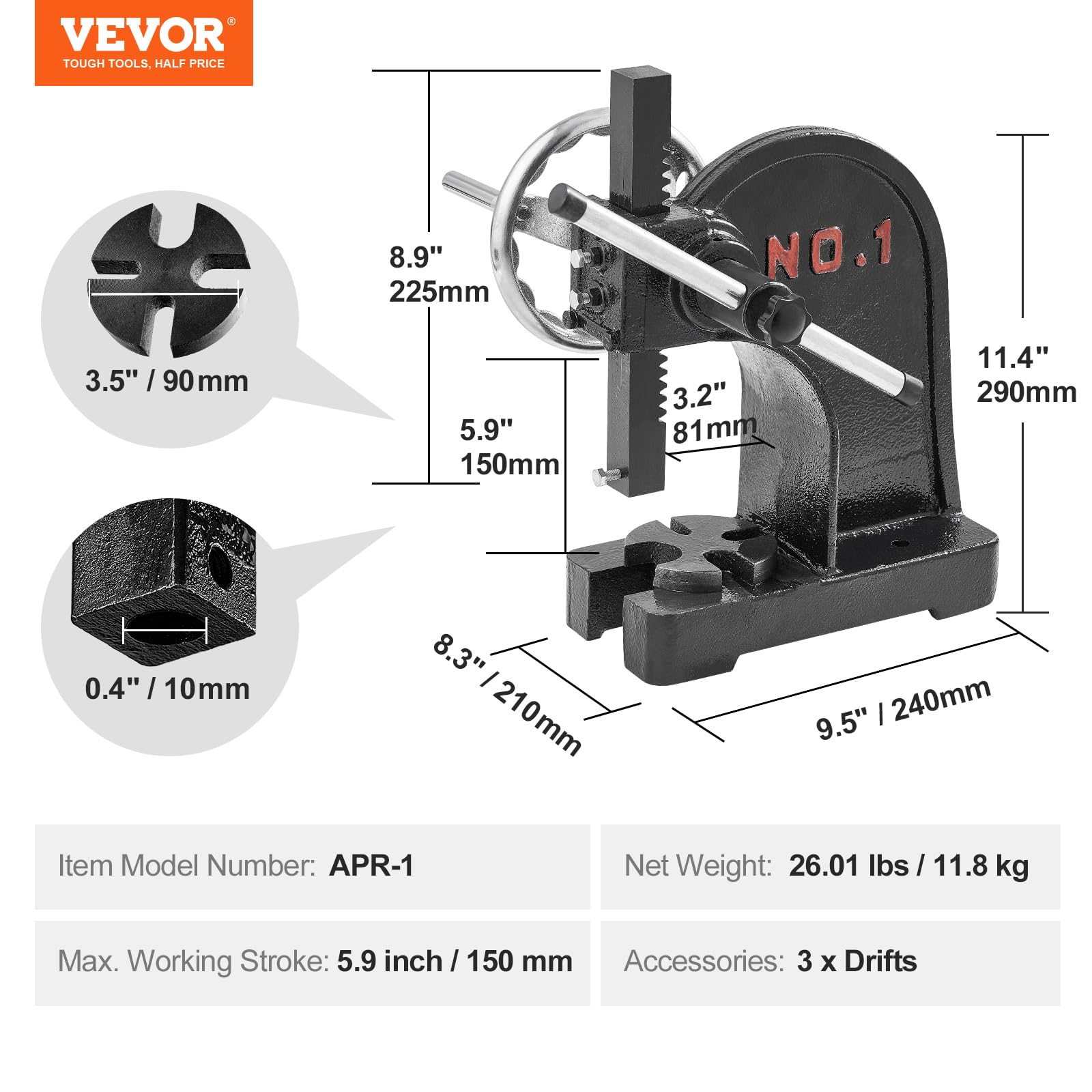 Foto 8 pulgar | Manual Arbor Press Vevor De 1 Tonelada Con Volante De 150 Mm De Altura - Venta Internacional.