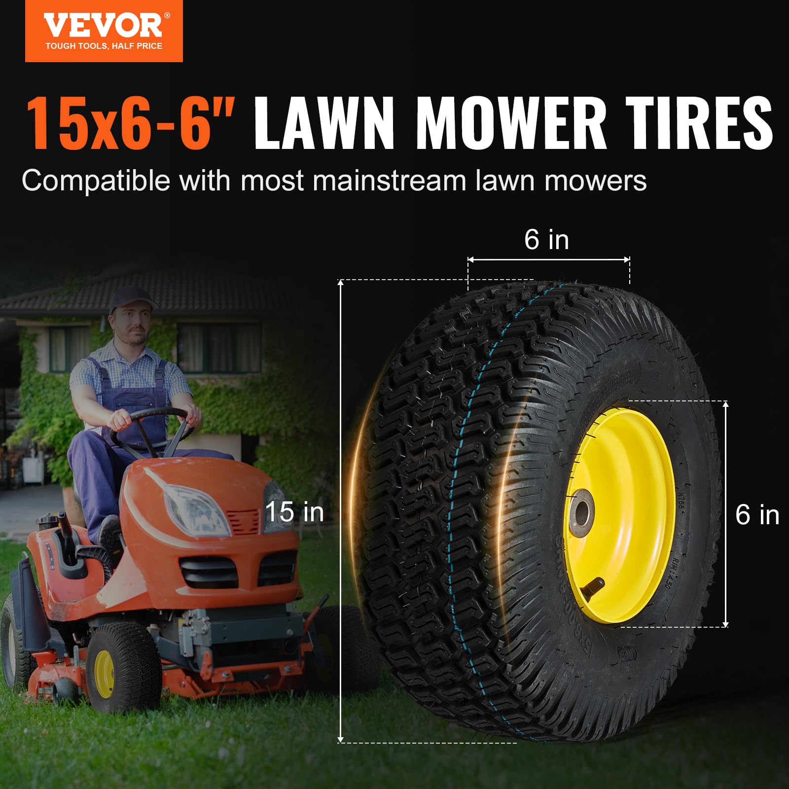 Foto 2 | Neumáticos Para Cortacésped Vevor 15x6.00-6 Sin Cámara Con Llanta, Paquete De 2 - Venta Internacional.