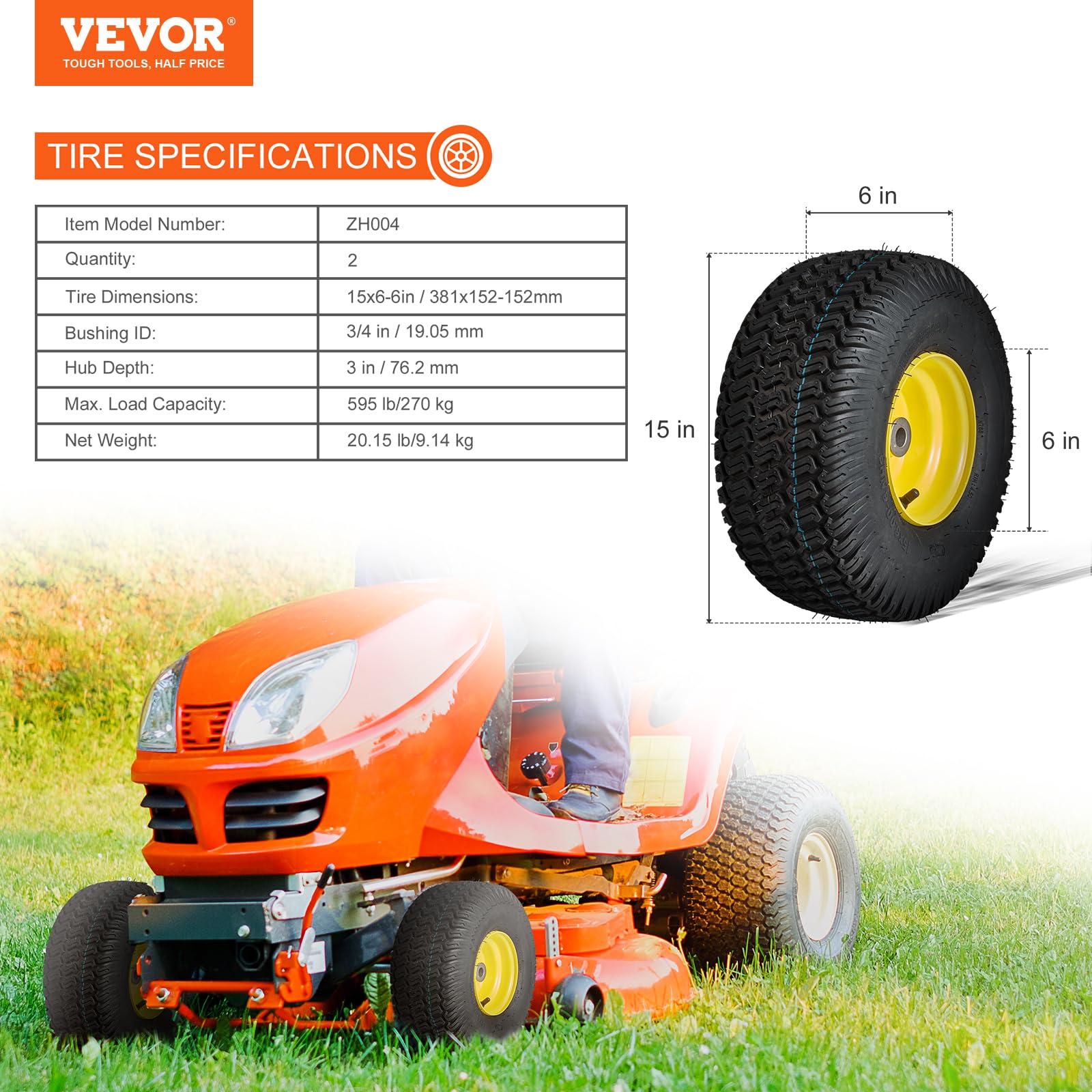 Foto 8 pulgar | Neumáticos Para Cortacésped Vevor 15x6.00-6 Sin Cámara Con Llanta, Paquete De 2 - Venta Internacional.