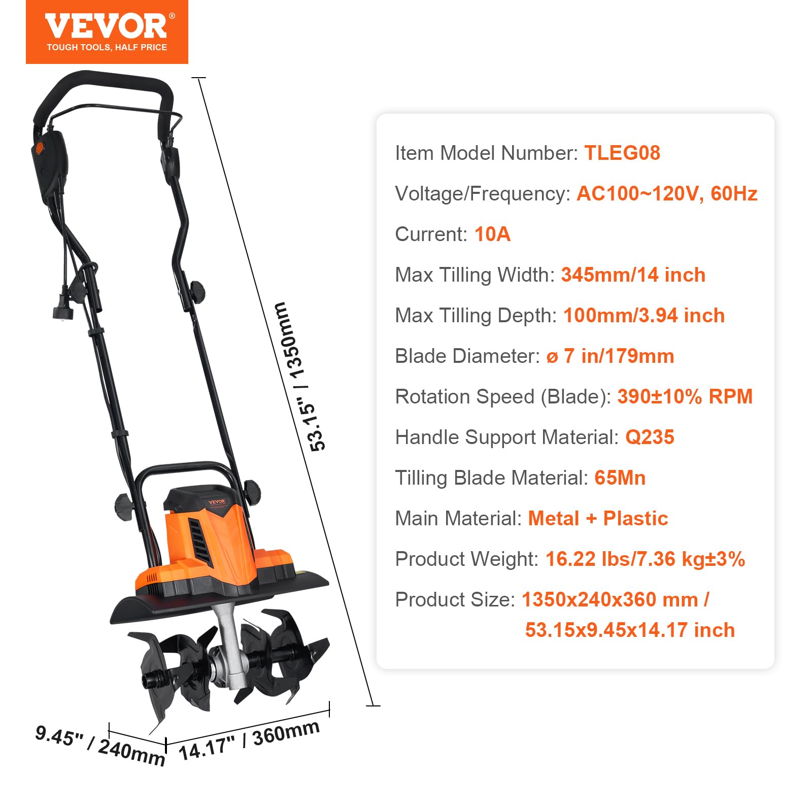 Foto 7 | Cultivadora Eléctrica Vevor 10a 14 Cm De Ancho De Labranza 10 Cm De Profundidad De Labranza - Venta Internacional.