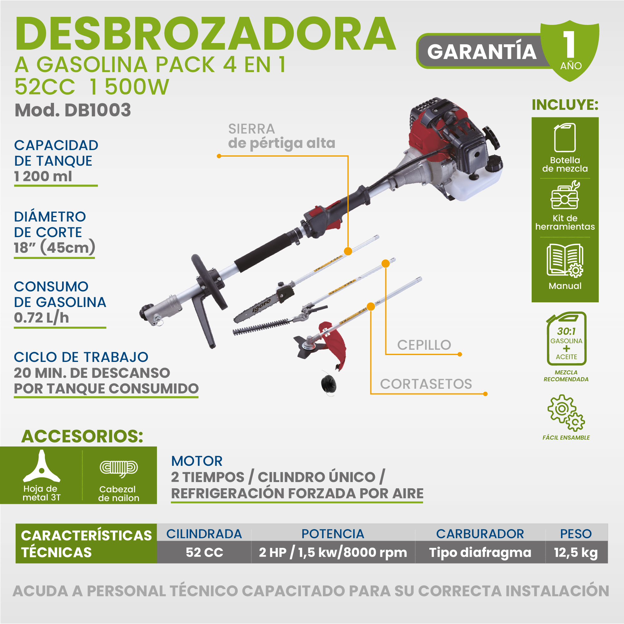 Foto 6 pulgar | Desbrozadora 2hp 4 En 1 Uso Profesional 52cc Igoto