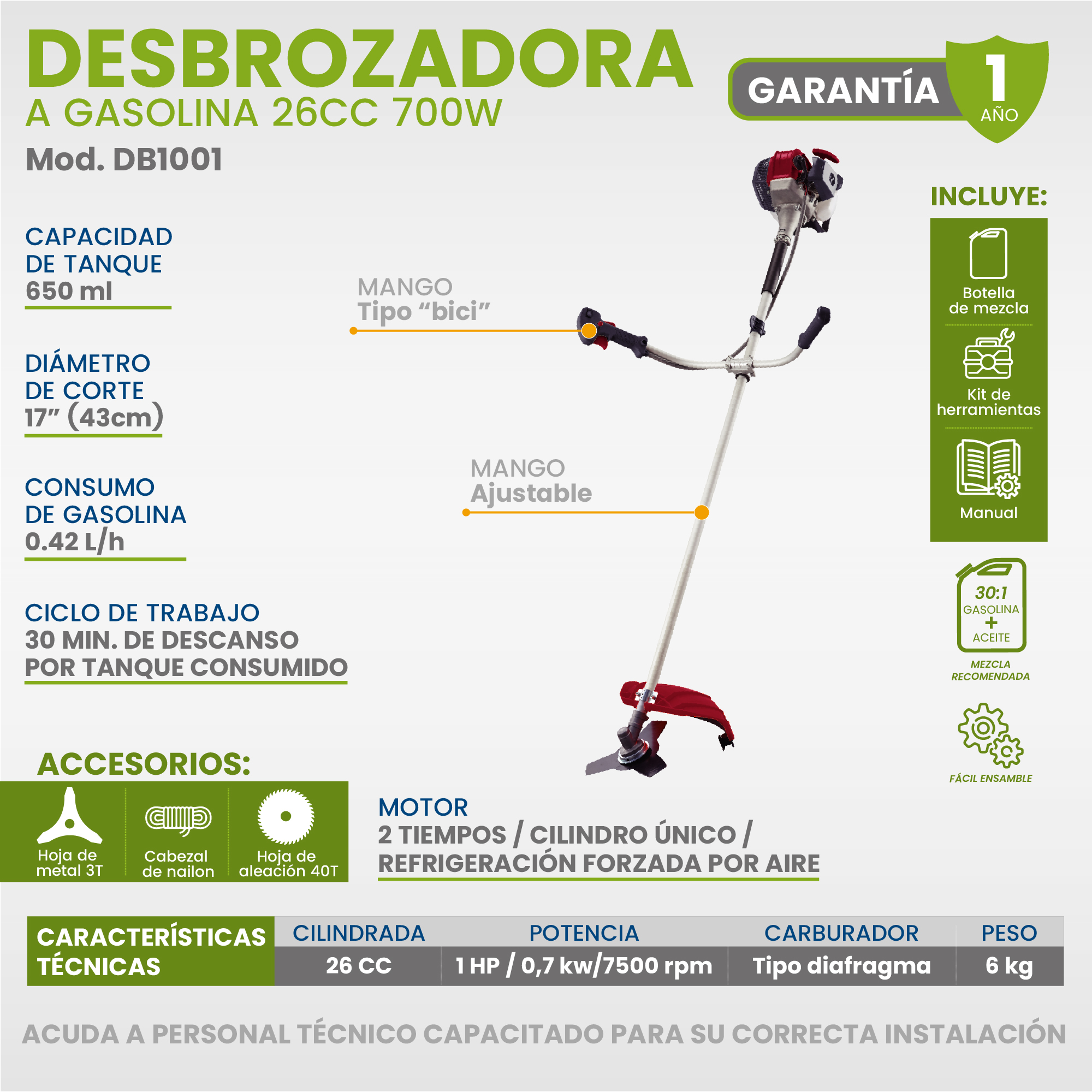 Foto 7 | Desbrozadora Gasolina 2 Tiempos 700w 600ml 26cc Igoto Db1001