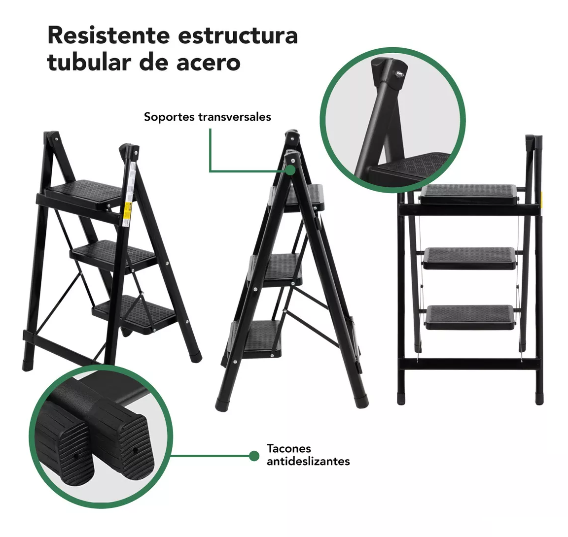 Foto 4 pulgar | Escalera Plegable de Acero 3 Peldaños Tipo Tijera Escalones con Goma Antideslizante Portátil Negra