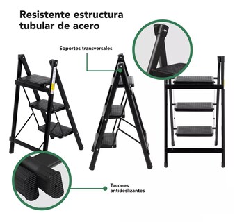 Foto 3 | Escalera Plegable de Acero 3 Peldaños Tipo Tijera Escalones con Goma Antideslizante Portátil Negra